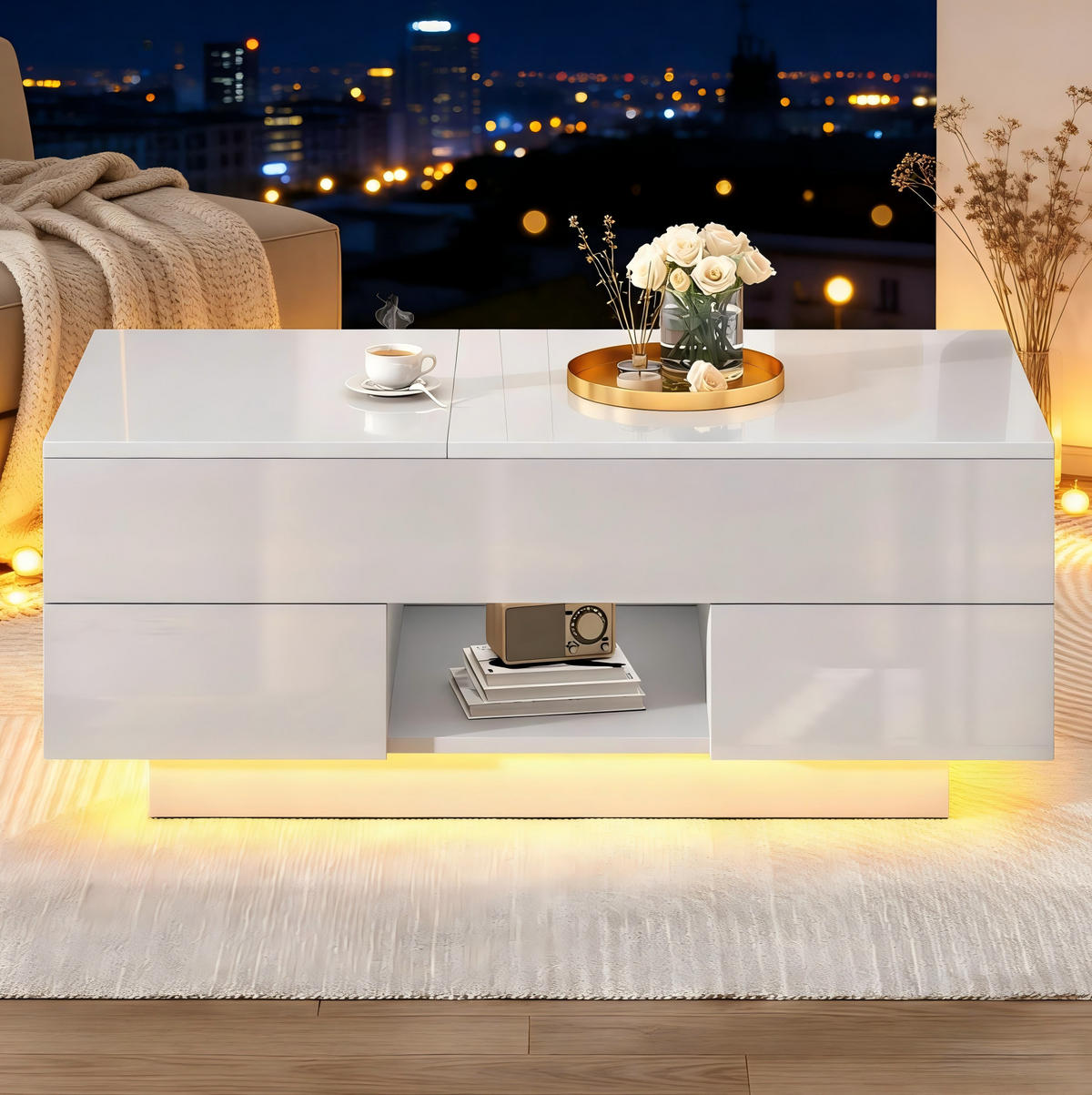 COUCHTISCH 100/45/43 cm höhenverstellbar mit klappbarer Tischplatte, 2 Schubladen, LED und Stauraum aus Spanplatte, Weiß - Weiß, Holzwerkstoff (100/45/43cm) - Redom