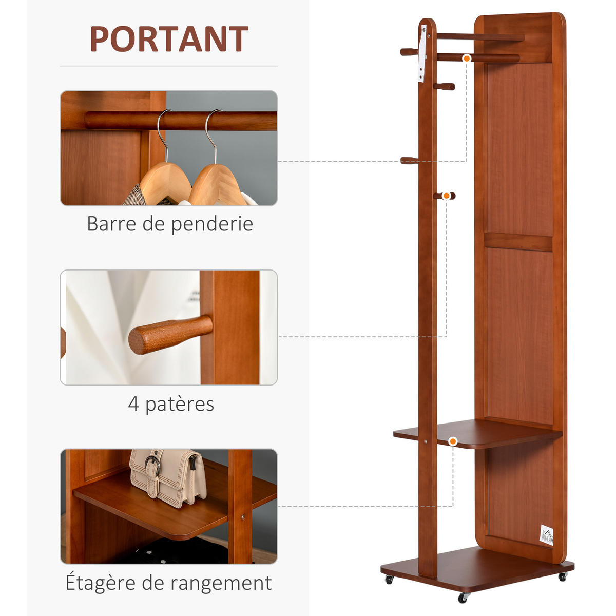 GARDEROBENSPIEGEL DE-17904 mit Rollen, Kleiderstange & 4 Haken Walnuss - Walnussfarben, Holzwerkstoff (44.5/170/40cm) - ComfortXL