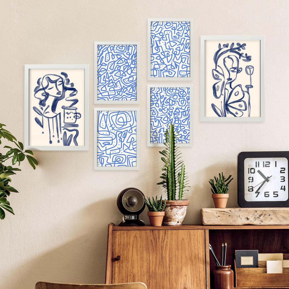 POSTER Set Mit 6 Junge Im Rahmen In Weibliche Zusammenfassung Ästhetische Dekorative Gemälde Für Ihr Wohnzimmer Zuhause A3 & A4 Weißer Rahmen - Weiß, Papier (29/3cm) - Nacnic