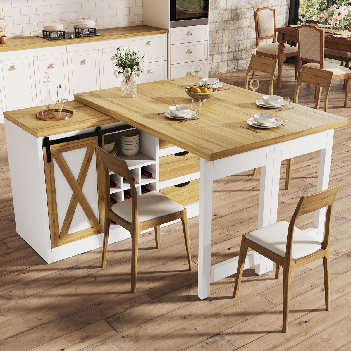 BARTISCH DE-38584 ausziehbar 120-197 cm 360° drehbar Eiche/Weiß - Weiß, Holzwerkstoff (40/120/72cm) - ComfortXL