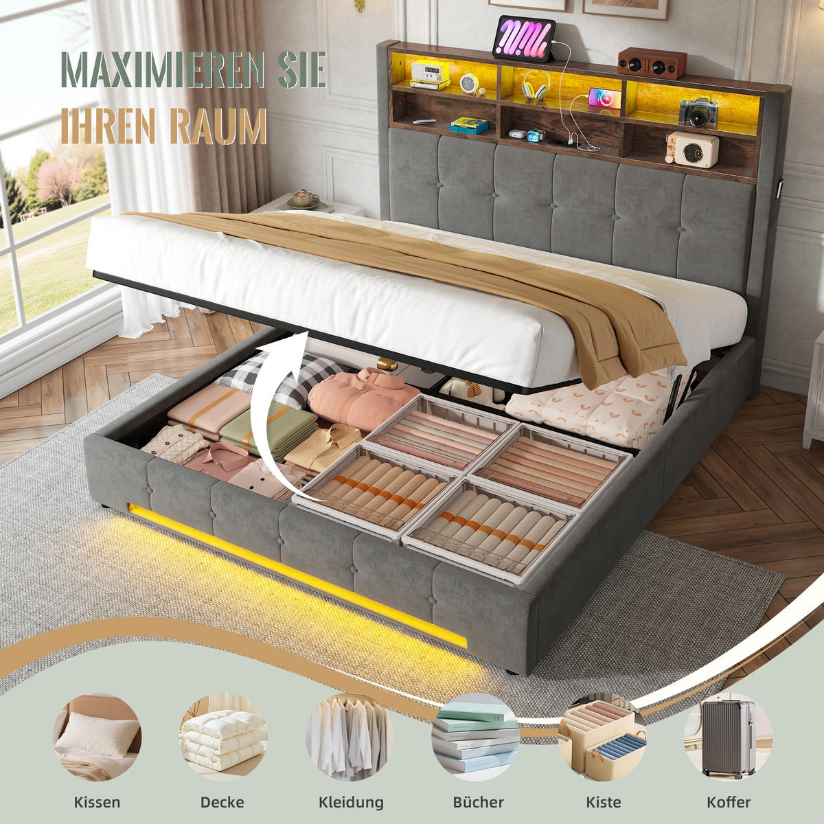 POLSTERBETT 160/200 cm Dunkelgrau mit 6 Fächer, Seitentaschen, USB-C und LED - Dunkelgrau, Textil (160/200cm) - Oxeza