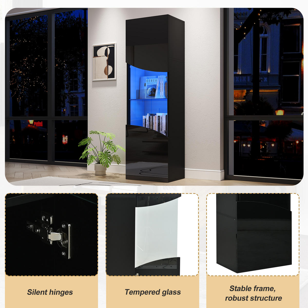 VITRINE Schmales Vitrinenregal mit 4 Ebenen, Hochglanz, Glas & LED-Beleuchtung 35/50/165 cm Schwarz 1 Set - Schwarz, Glas/Holzwerkstoff (50/165/35cm) - EVRYAE