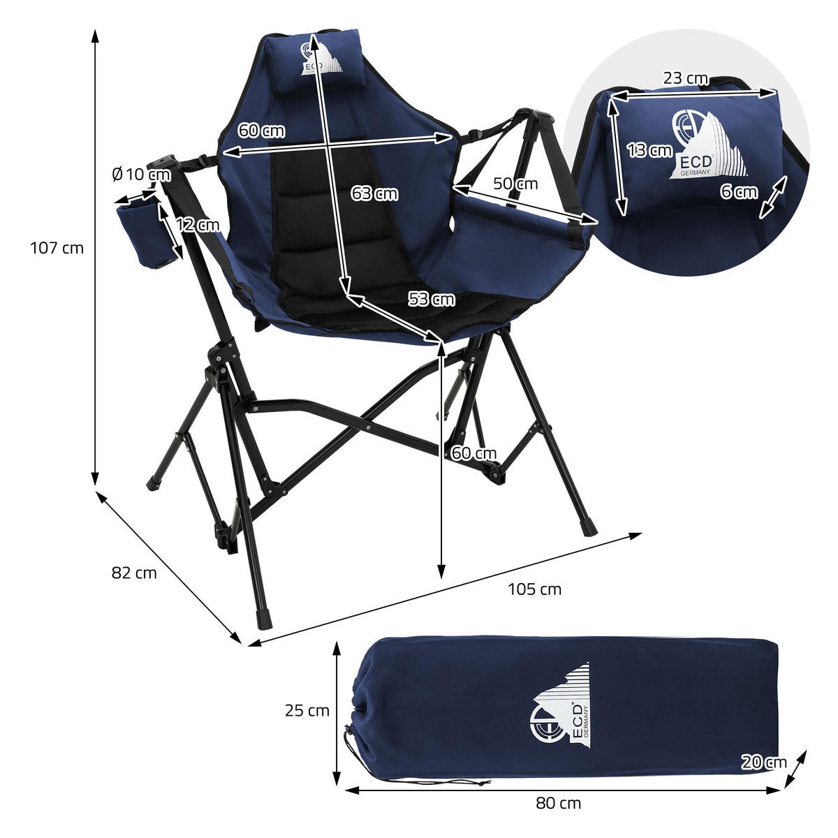 CAMPINGSTUHL faltbar Schaukelstuhl bis 150 kg Angelstuhl Outdoor Blau mit Stahlgestell - Blau, Textil/Metall (105/107/82cm) - ECD-Germany