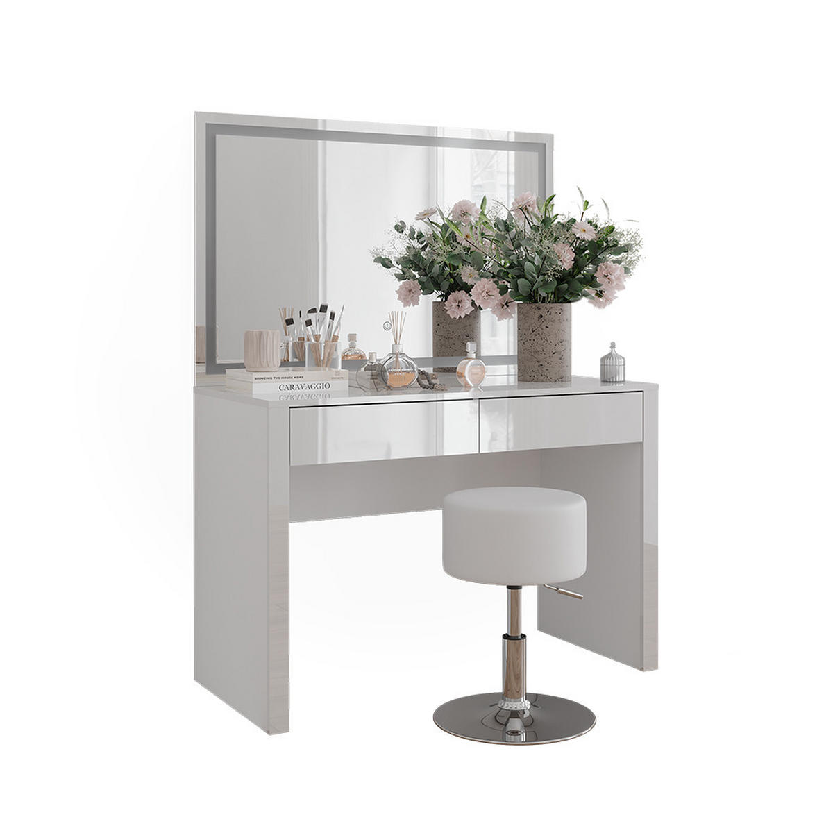 SCHMINKTISCH Annabelle Weiß Hochglanz/Weiß 110 cm mit LED-Spiegel und Hocker - Weiß Hochglanz/Weiß, Holzwerkstoff (110/75.5/50cm) - Vicco