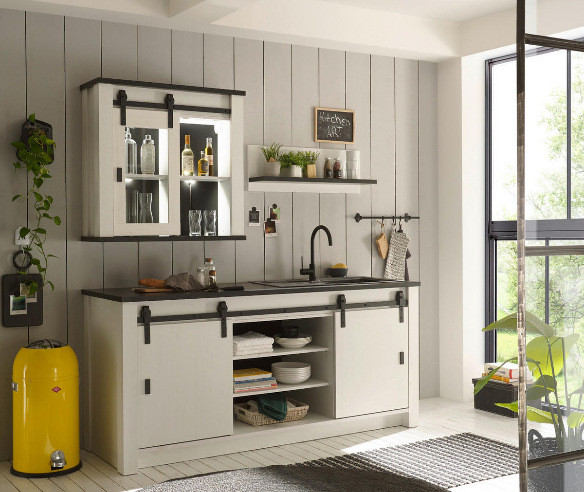 KÜCHEN-SET weiß Pinie, anthrazit 3-teilig, Küchenzeile im Landhaus-Stil - Anthrazit/Schwarz, Glas/Holzwerkstoff (201/93/64cm) - Furn.Design