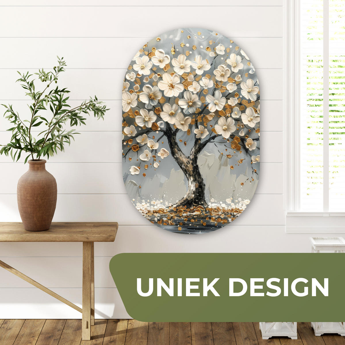 WANDBILD Baum - Gold - Blumen - Abstrakt - Kunst Wanddeko Schlafzimmer 60x90 cm - Goldfarben, Kunststoff (60/90cm) - MuchoWow