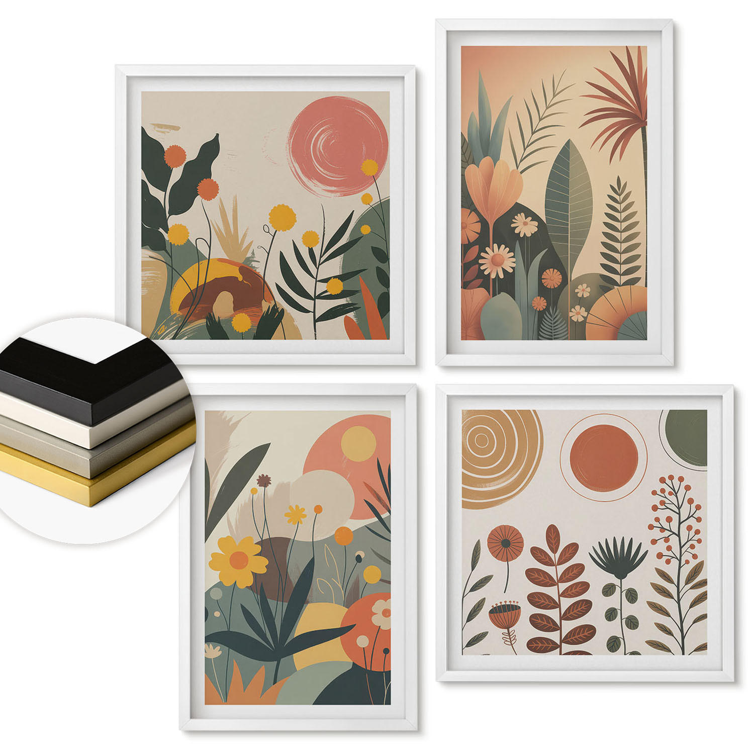 WANDBILDER 4er-Set - 50x50 cm & 40x60 cm Weißer Rahmen - Boho-Pflanzenmuster - Weiß, Kunststoff (50/50cm) - ArtPrintCave