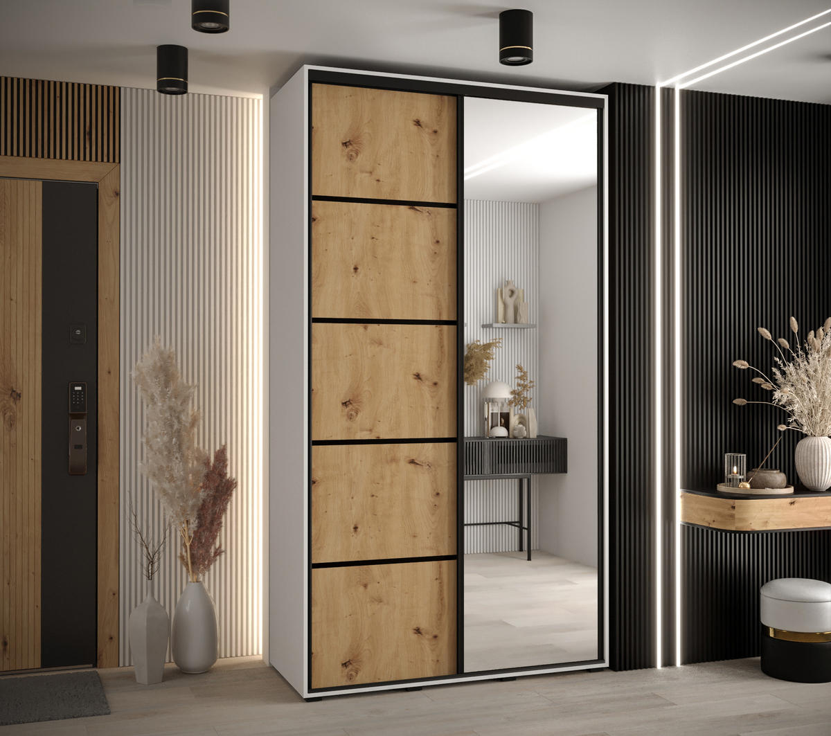 SCHWEBETÜRENSCHRANK 235,2/130/45 2-türig - Schwarz/Eiche Artisan, Holz/Metall (130/235/45cm) - Abiks Möbel