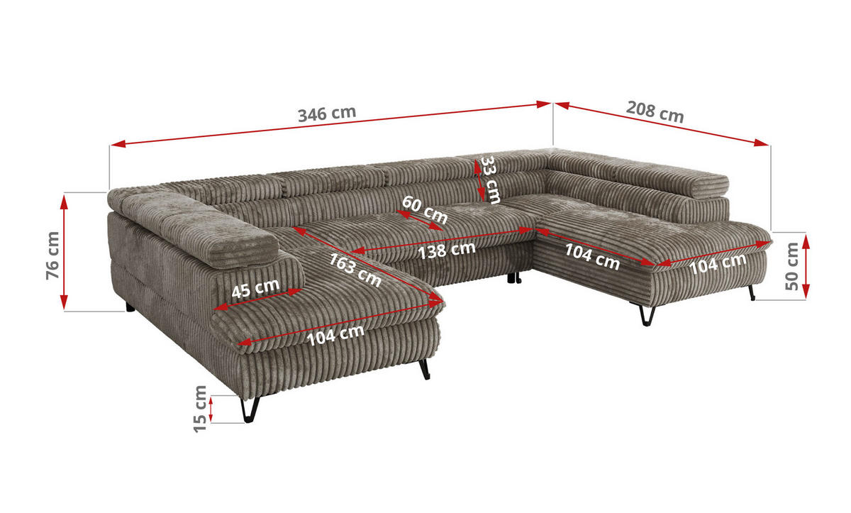 WOHNLANDSCHAFT PABLO U Cord Hellbraun mit Topper Visco - Schwarz/Grau, Textil/Metall (346/76/208cm) - MKS