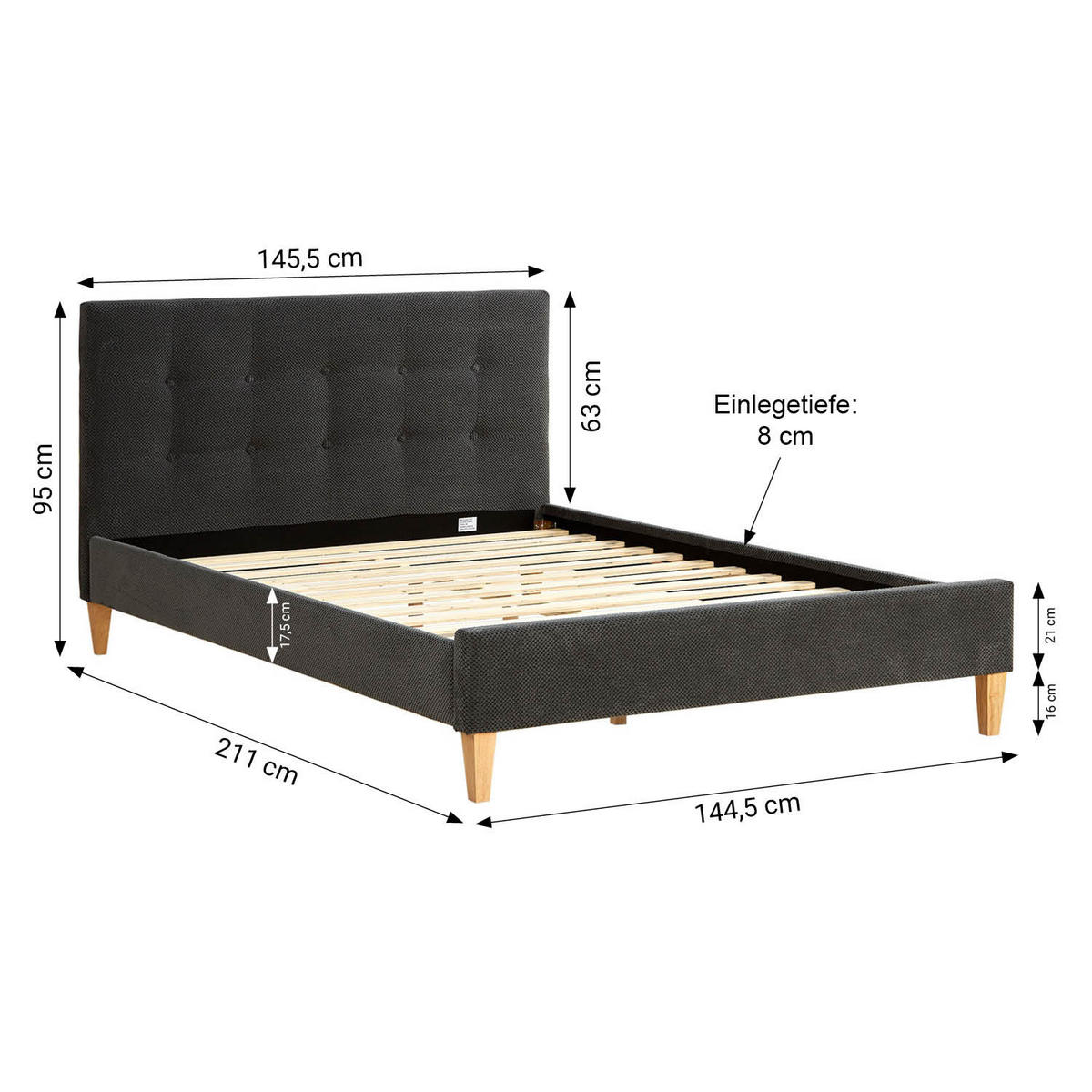 POLSTERBETT mit Matratze 140/200 cm in Anthrazit - Grau, Textil (140/200cm) - Homestyle4u