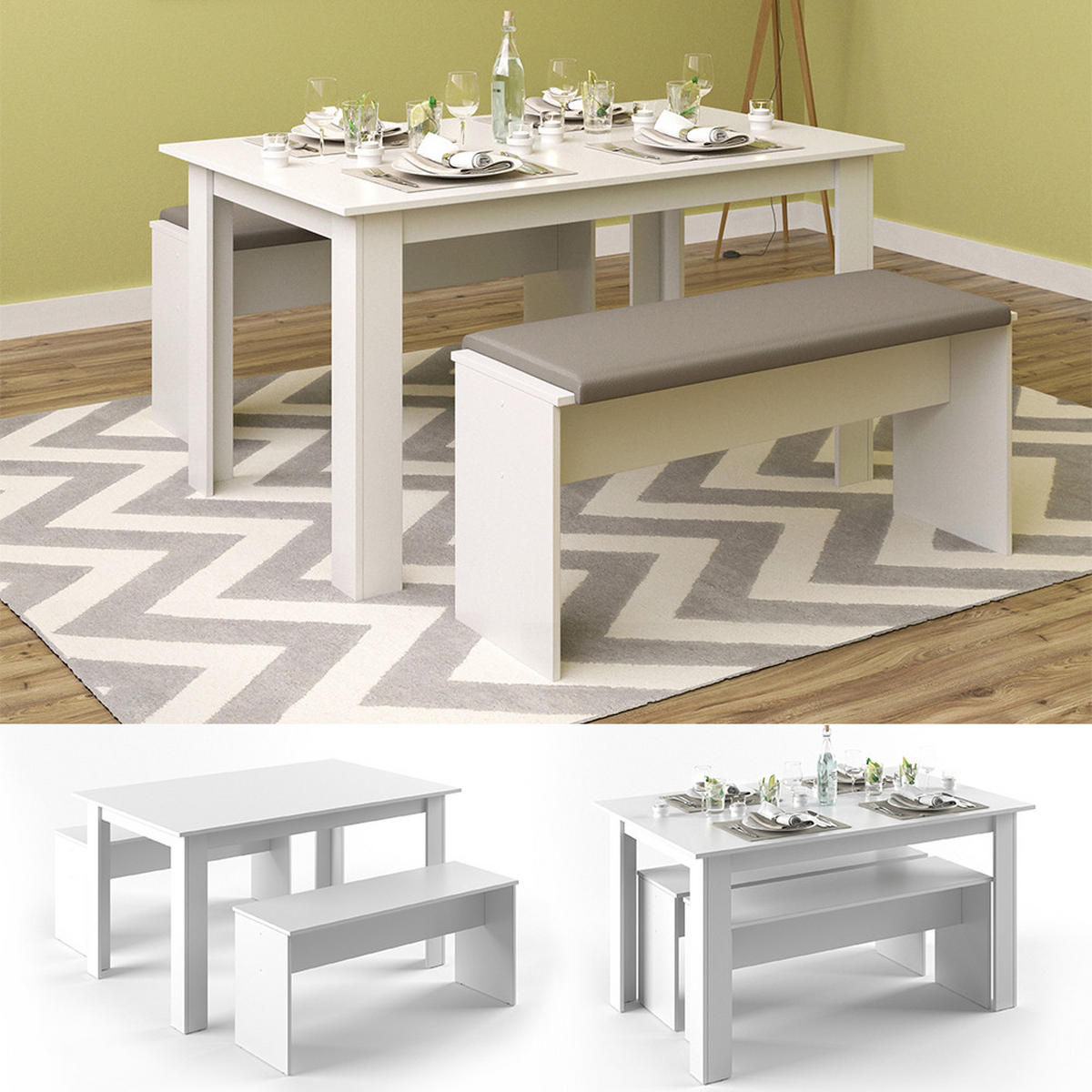 ESSTISCH SET Sentio Weiß 90 x 140 cm mit 2 Bänken - Weiß, Holzwerkstoff (140/76/90cm) - Vicco