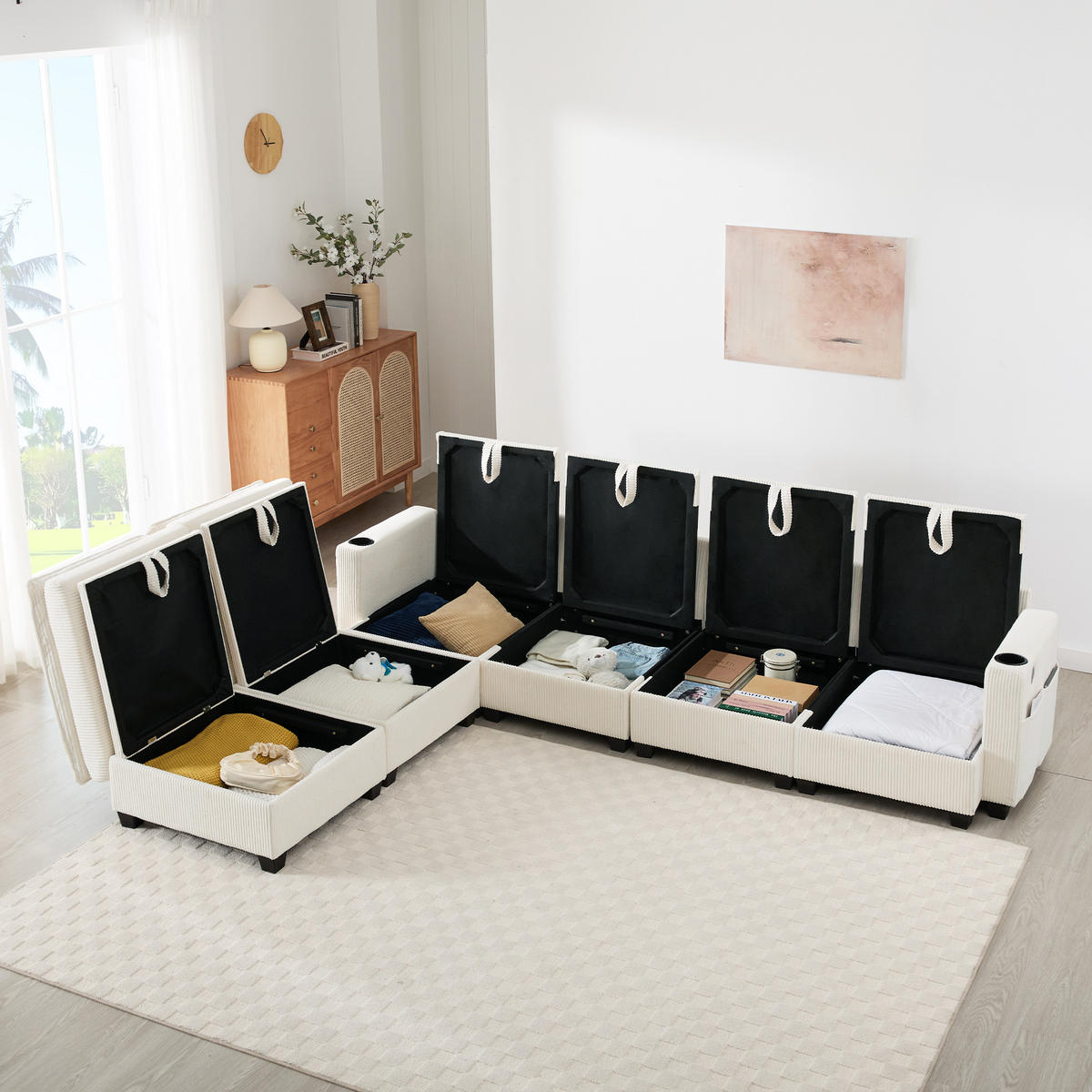 ECKSOFA Modulares 5-6-Sitzer mit Fußhocker und USB-Anschlüssen Cord Beige 280/151/82 cm - Beige, Textil (280/152cm) - OKWISH