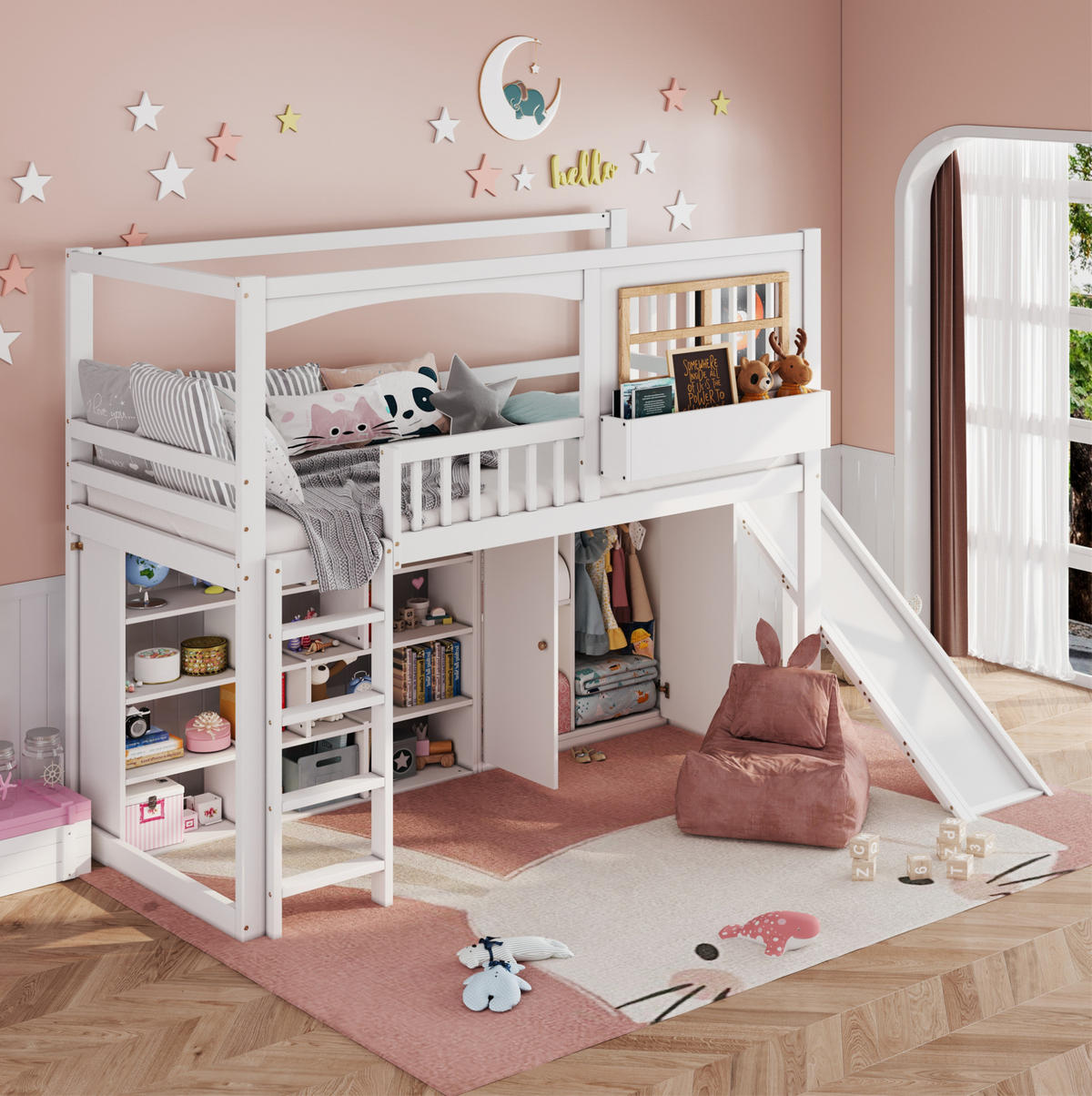 ETAGENBETT 90/200 cm in Weiß/Natur mit Rutsche, Kleiderschrank und Regal - Weiß, Holzwerkstoff (90/200cm) - OKMYHOME