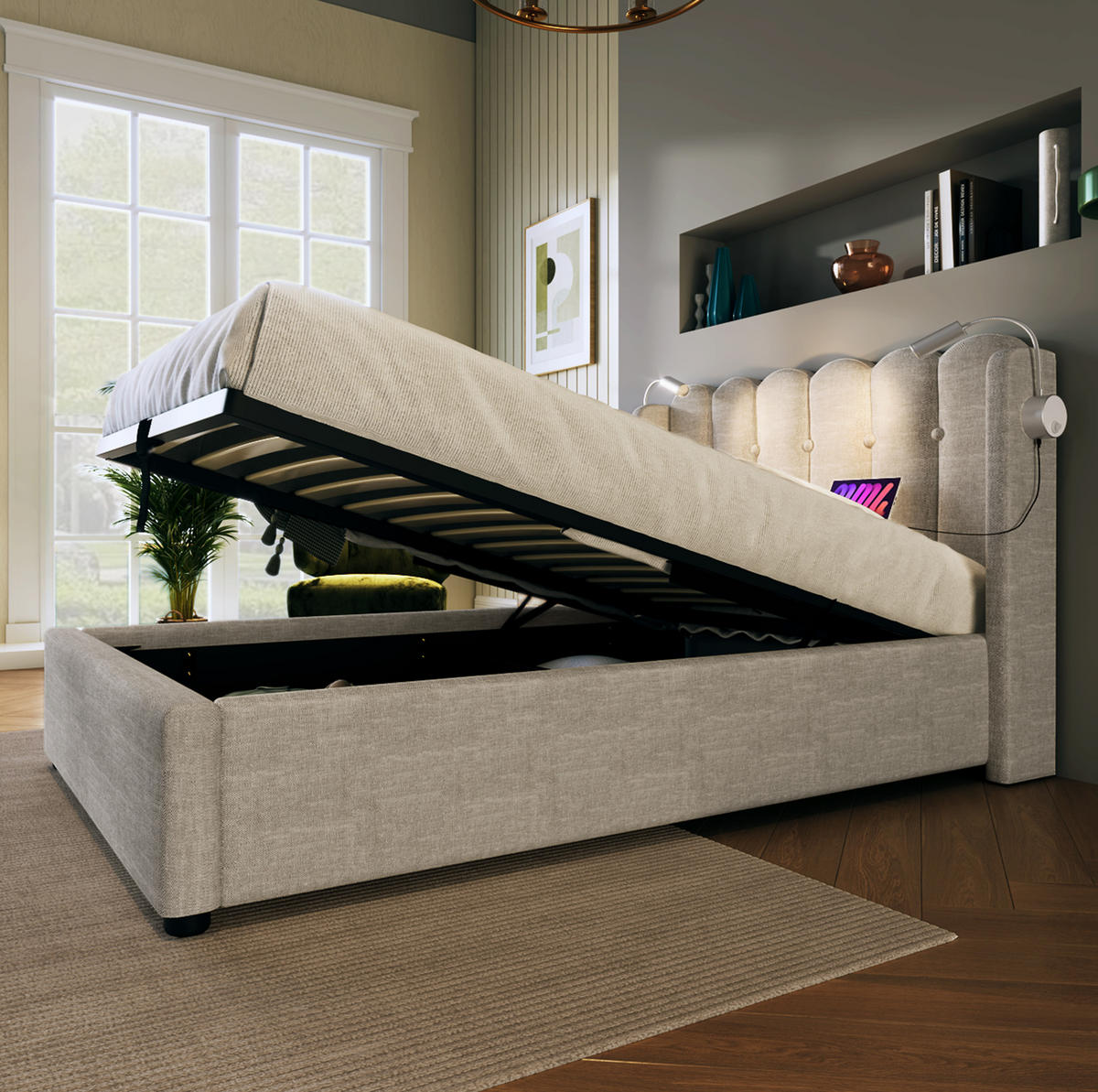 BETT mit Stauraum, USB und Leselicht 90x200 cm Leinen Natur - Beige, Metall (90/200cm) - Meubliv