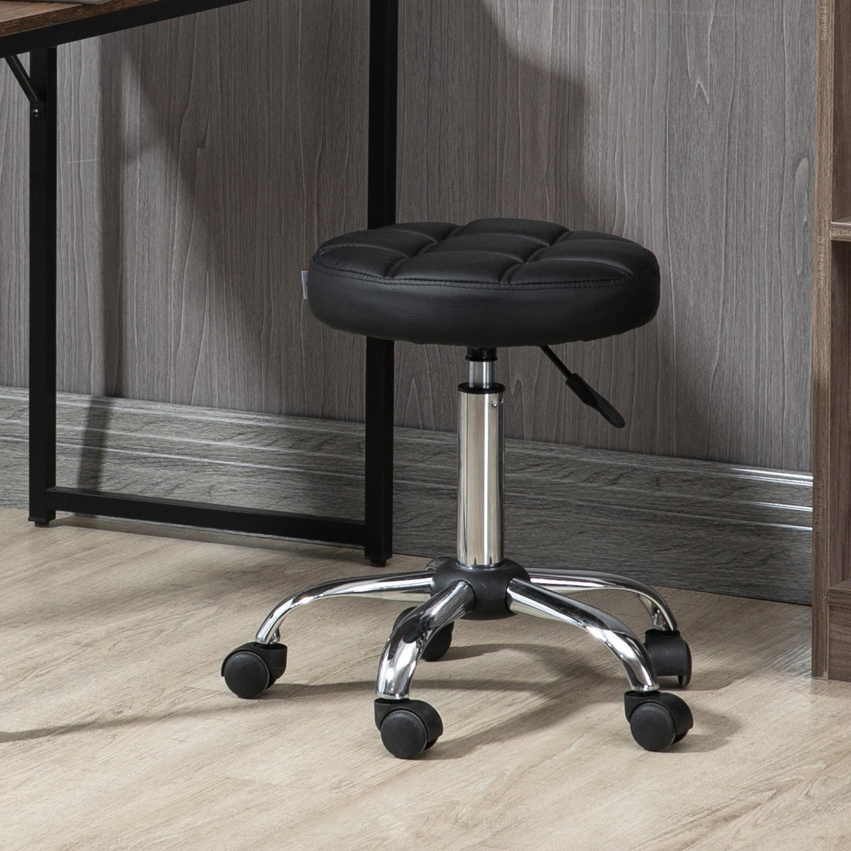 ROLLHOCKER Höhenverstellbarer Arbeitshocker, Drehbarer Salon Hocker für Büro - Schwarz, Leder (35.5/67/35.5cm) - HOMCOM