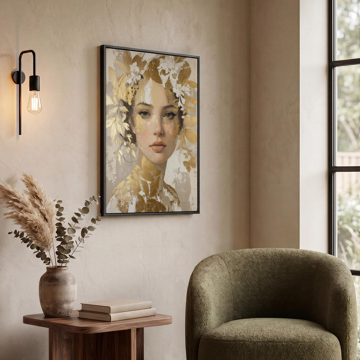 LEINWAND Bilder mit Rahmen - Gesicht - Frau - Blätter - Gold - 50x70 - Beige, Textil (50/70cm) - MuchoWow