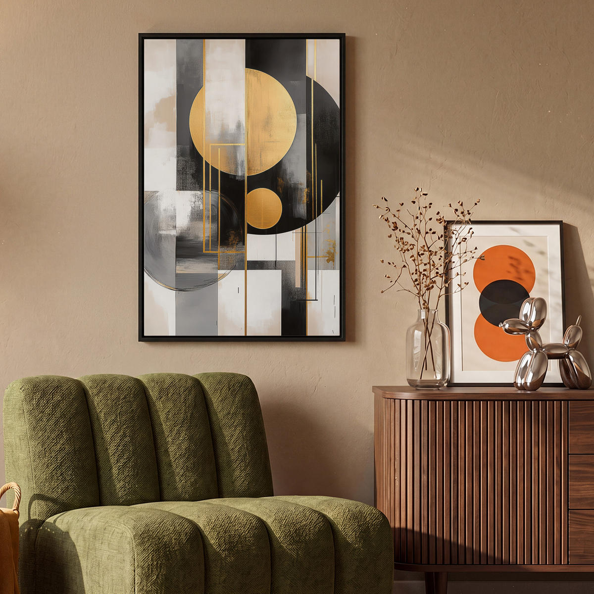 LEINWAND Bilder mit Rahmen - Abstrakt - Gold - Silber - Formen - Ästhetisch - Modern - 60x90 - Goldfarben, Textil (60/90cm) - MuchoWow