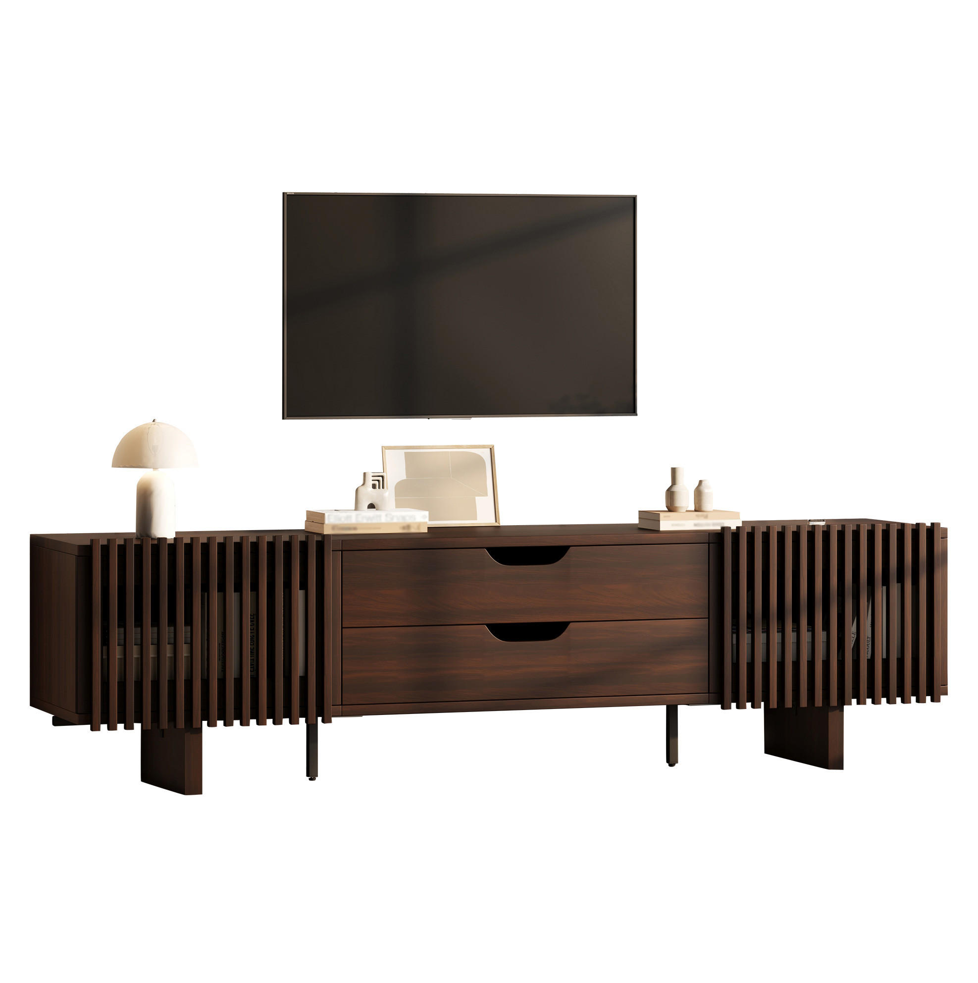 TV-LOWBOARD 180/40/45 cm mit 2 Schubladen, 2 Lamellentüren und Stauraum, Dunkle Walnussfarbe - Braun, Holzwerkstoff (180/45/40cm) - Redom