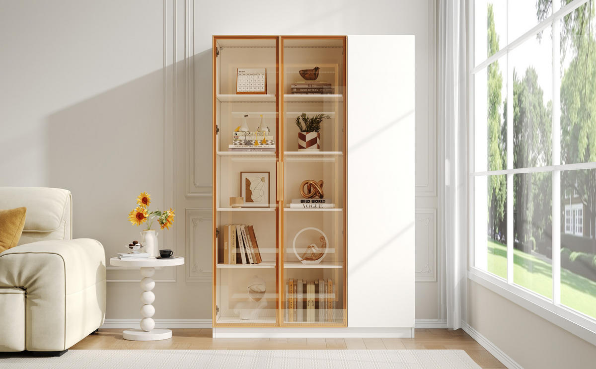 VITRINE in Weiß Highboard mit LED-Beleuchtung, Sicherheitsglas,verstellbaren Einlegeböden und Kippschutz,B110/T35/H165cm - Weiß, Glas/Holzwerkstoff (110/165/35cm) - STILVORA