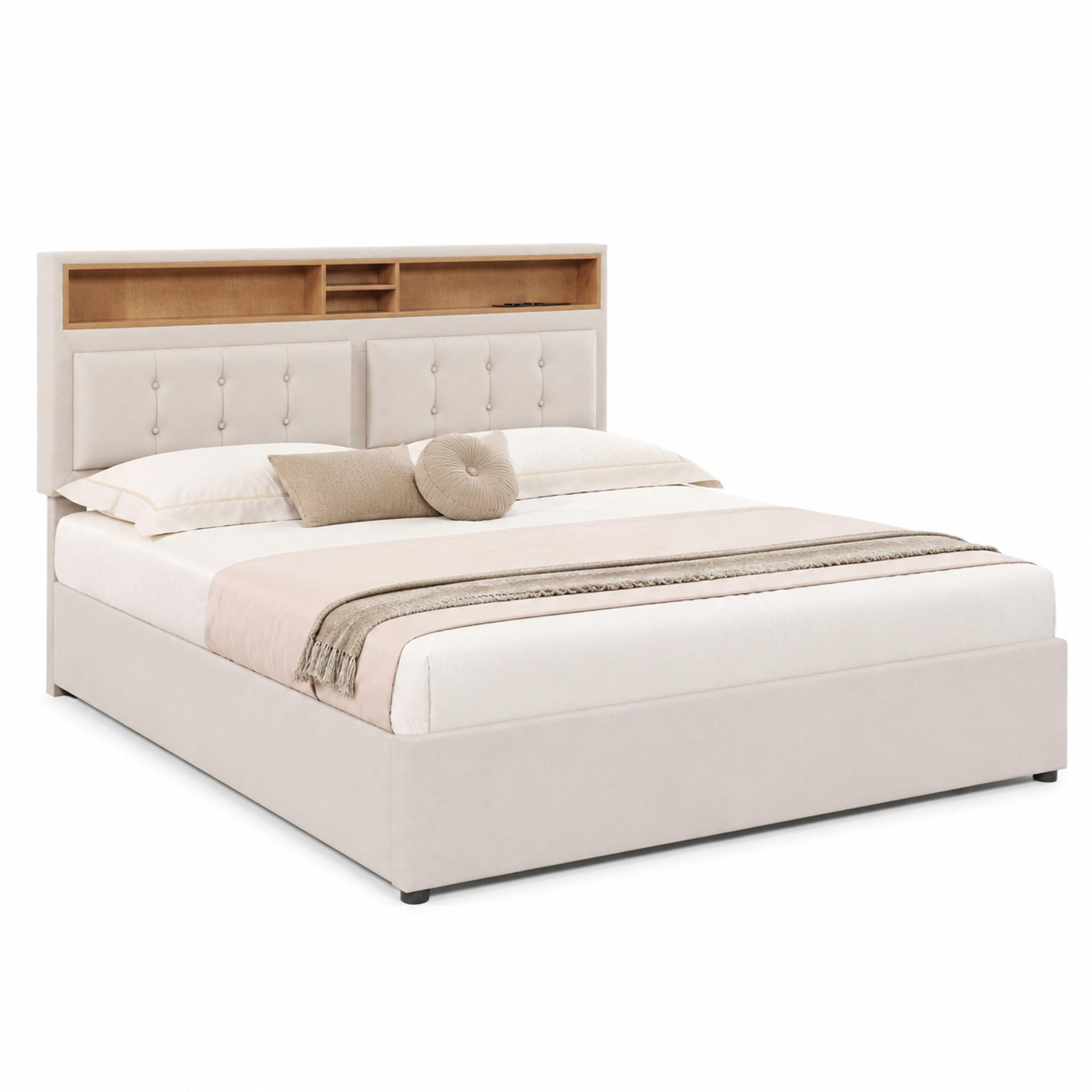 POLSTERBETT mit Stauraum und USB/Type-C 160x200 cm Leinen Beige - Beige, Metall (160/200cm) - Meubliv