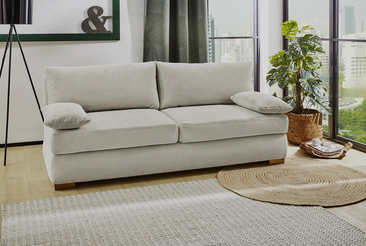 DAUER-SCHLAFSOFA Federkern Topper Bettkasten B201/T110/H88 cm, Liegefläche 160x200 cm, Feincord Beige / 15151 - Wildeiche/Beige, Holz/Textil (201/88/110cm) - luma-home