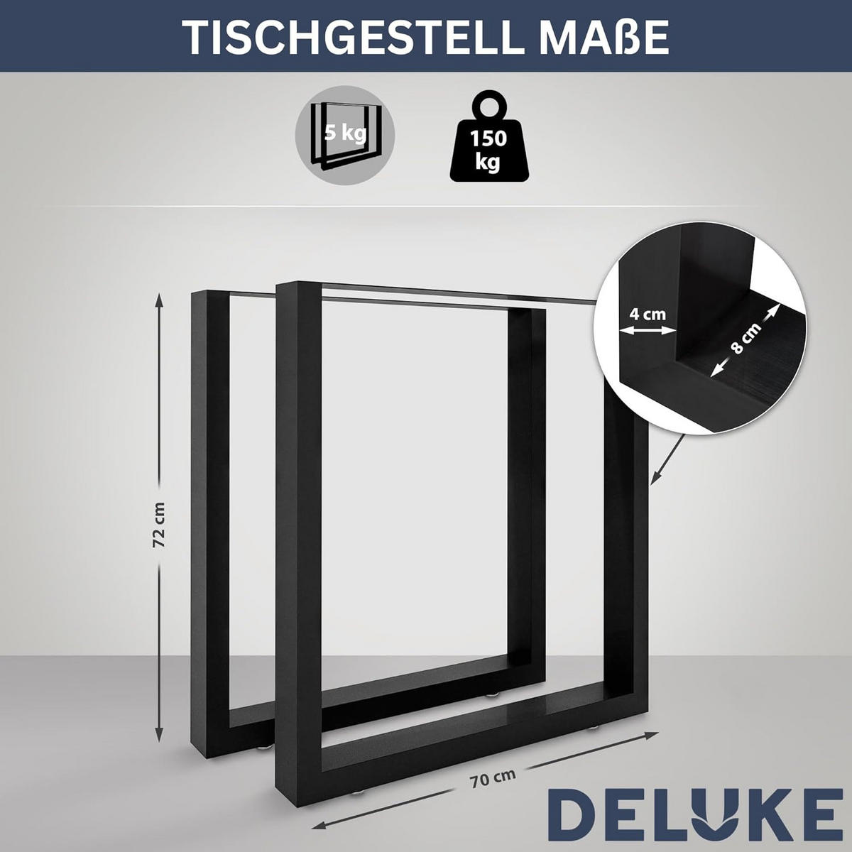 TISCHBEINE Metall CERMO Schwarz | 72x70cm HxB | 2er Set | inkl. Schrauben + Bodenschoner - Schwarz, Metall (70/72/8cm) - DELUKE