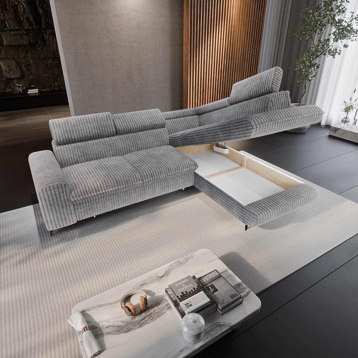 ECKSOFA VELISS Hellgrau Kordstoff mit Schlaffunktion - Hellgrau, Holz (255/193cm) - MASSENO