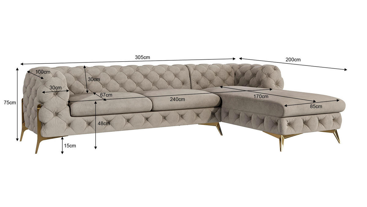 ECKSOFA Chesterfield Lexi Dunkle Creme Samt, Ottomane rechts - Goldfarben/Creme, Holz/Textil (305/200cm) - S-Style Möbel