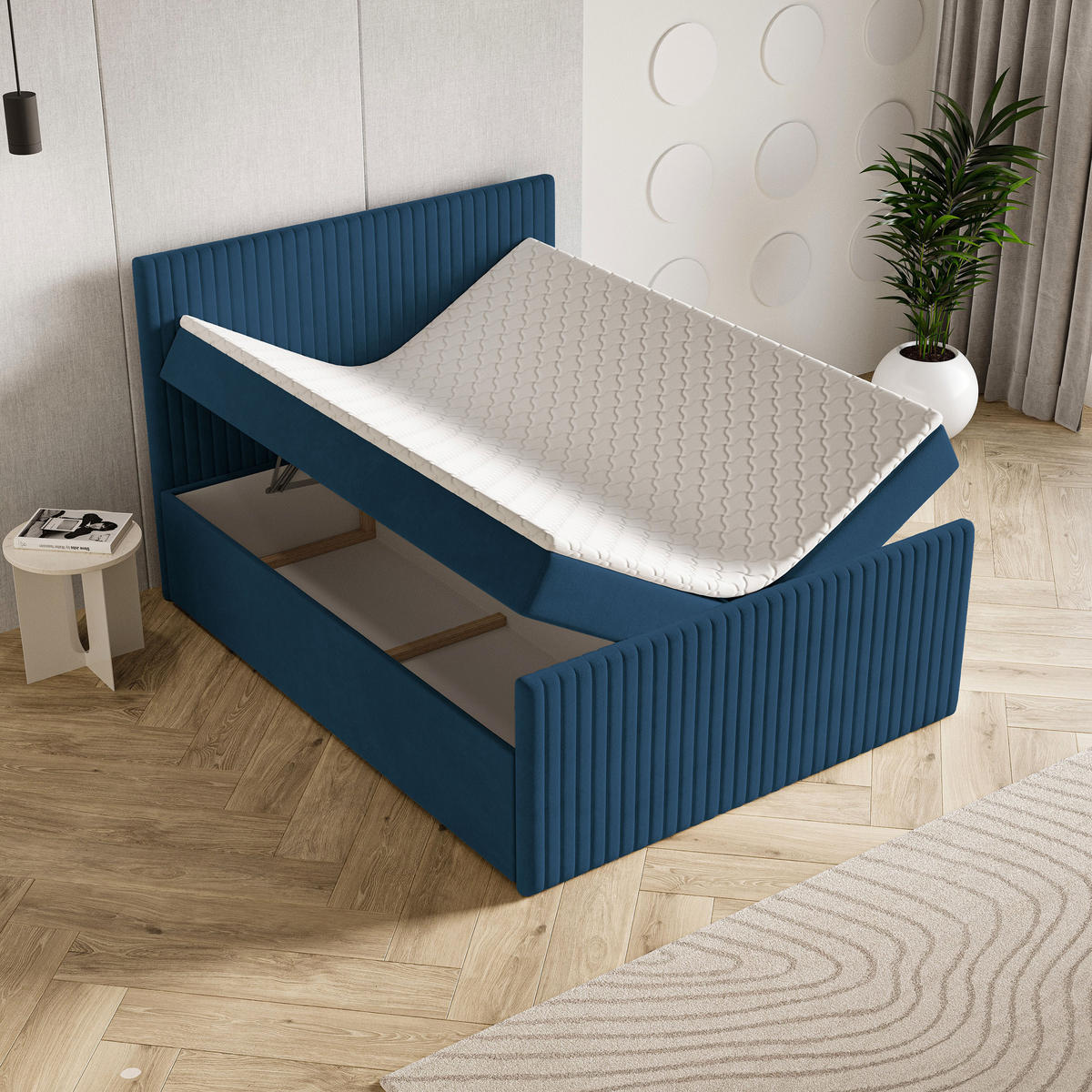 BOXBETT TERVAN 180x200 cm mit Matratze und Topper - Blau - Blau, Holz (180/200cm) - MASSENO