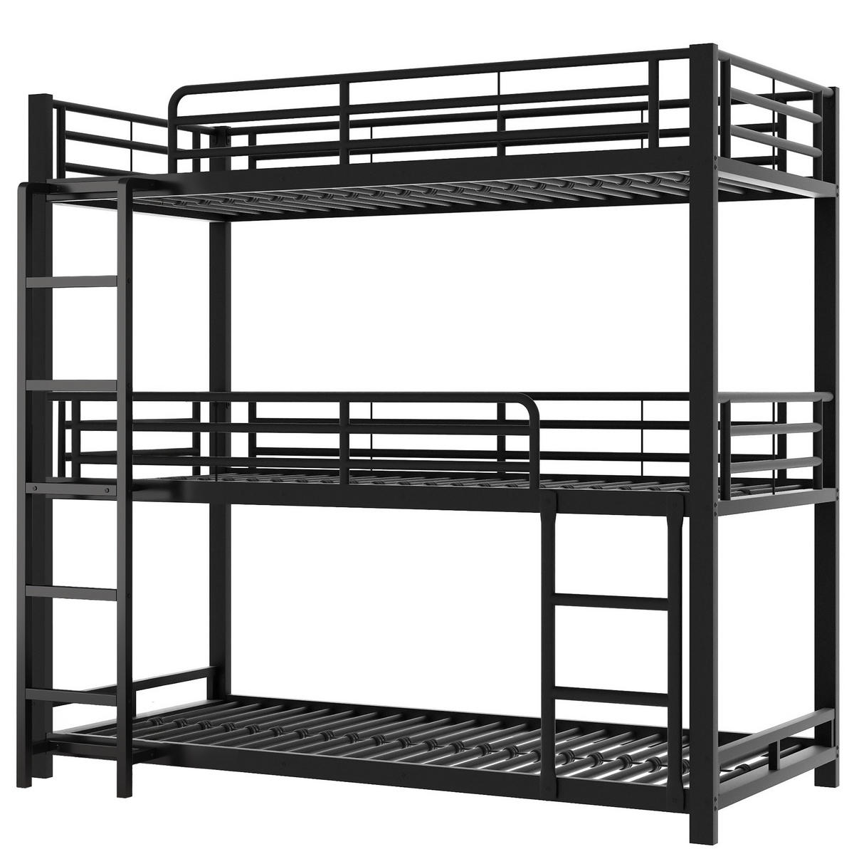 DREIFACH-ETAGENBETT aus Metall 90x200 cm Schwarz mit Sicherheitsgeländern und Leiter - Schwarz, Metall (90/200cm) - Modfu