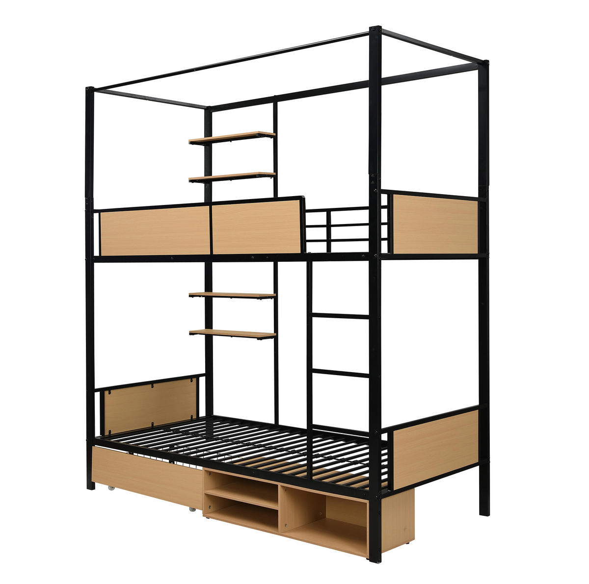 ETAGENBETT 90/200 cm aus Metall und MDF mit Stauraum & Ablagen - Schwarz, Holzwerkstoff (90/200cm) - Flora Grace