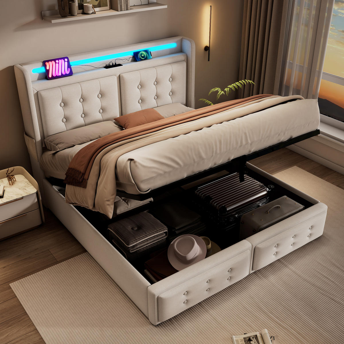 POLSTERBETT 160/200 cm Beige aus Baumwoll-Leinen mit LED und Bettkasten - Beige, Textil (160/200cm) - OKMYHOME