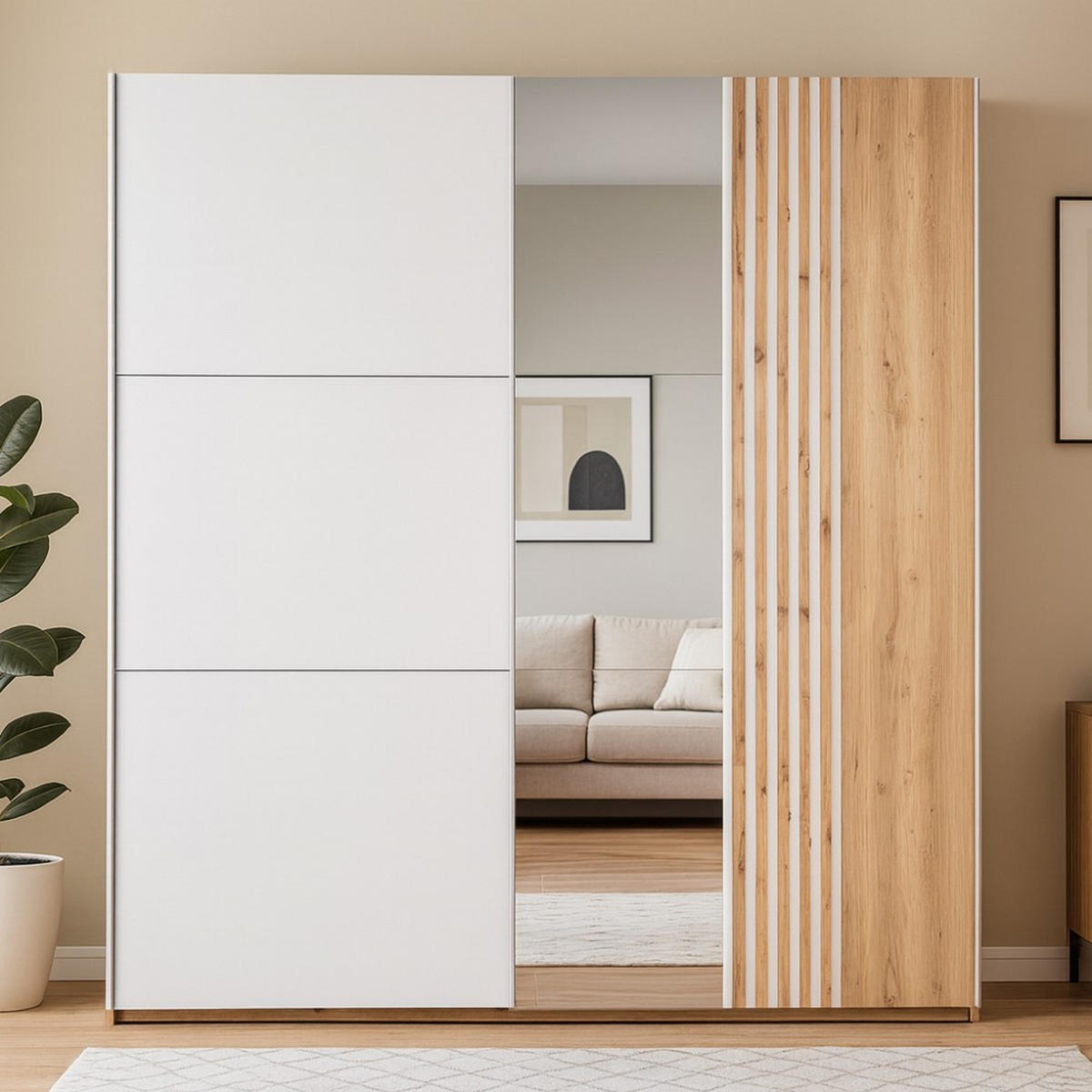 SCHWEBETÜRENSCHRANK Soria mit 2 Türen und Spiegel, 200 cm, Weiß+eiche Wotan - Eiche Wotan/Weiß, Holzwerkstoff (203/215/65cm) - Beautysofa