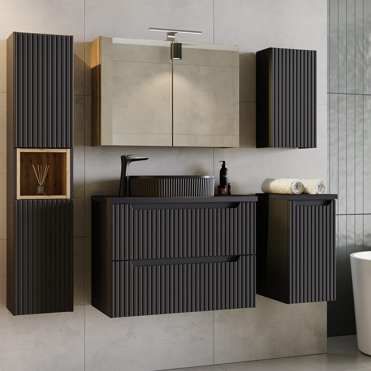 WASCHBECKENSCHRANK Newport-56 - Schwarz, Holzwerkstoff (90/60/40cm) - Lomado