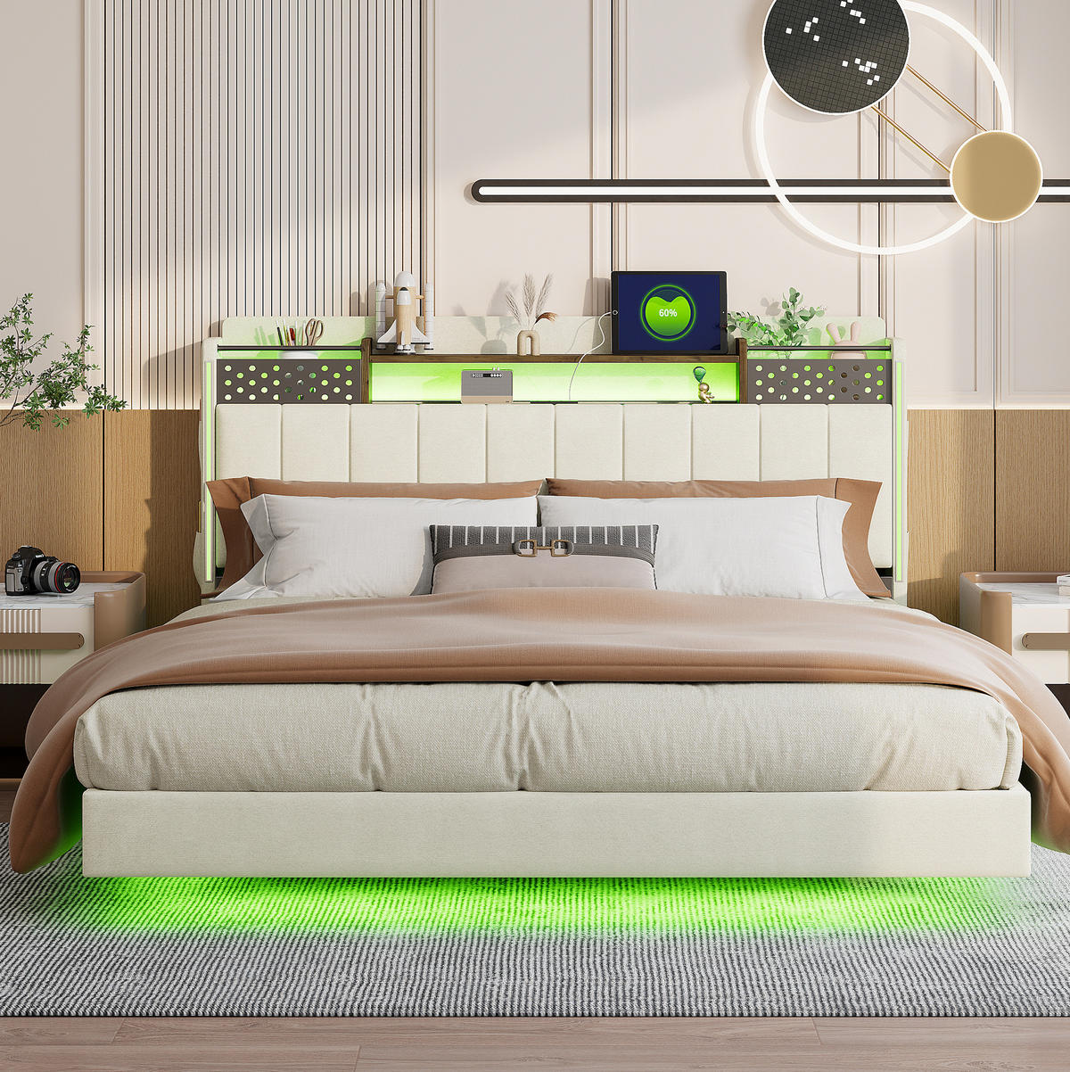 ČALÚNENÁ posteľ 160/200 cm s LED osvetlením, USB portom a úložným čelom, Béžová - béžová, textil (160/200cm) - Redom