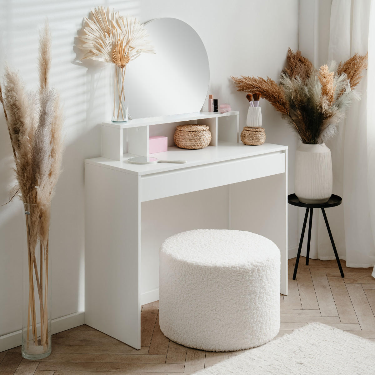 FRISIERTISCH mit 1 abgerundetem Spiegel 3 oberen Fächern und 1 großer Schublade 100/40/140 cm - Weiß, Holzwerkstoff (40/140/100cm) - Calicosy
