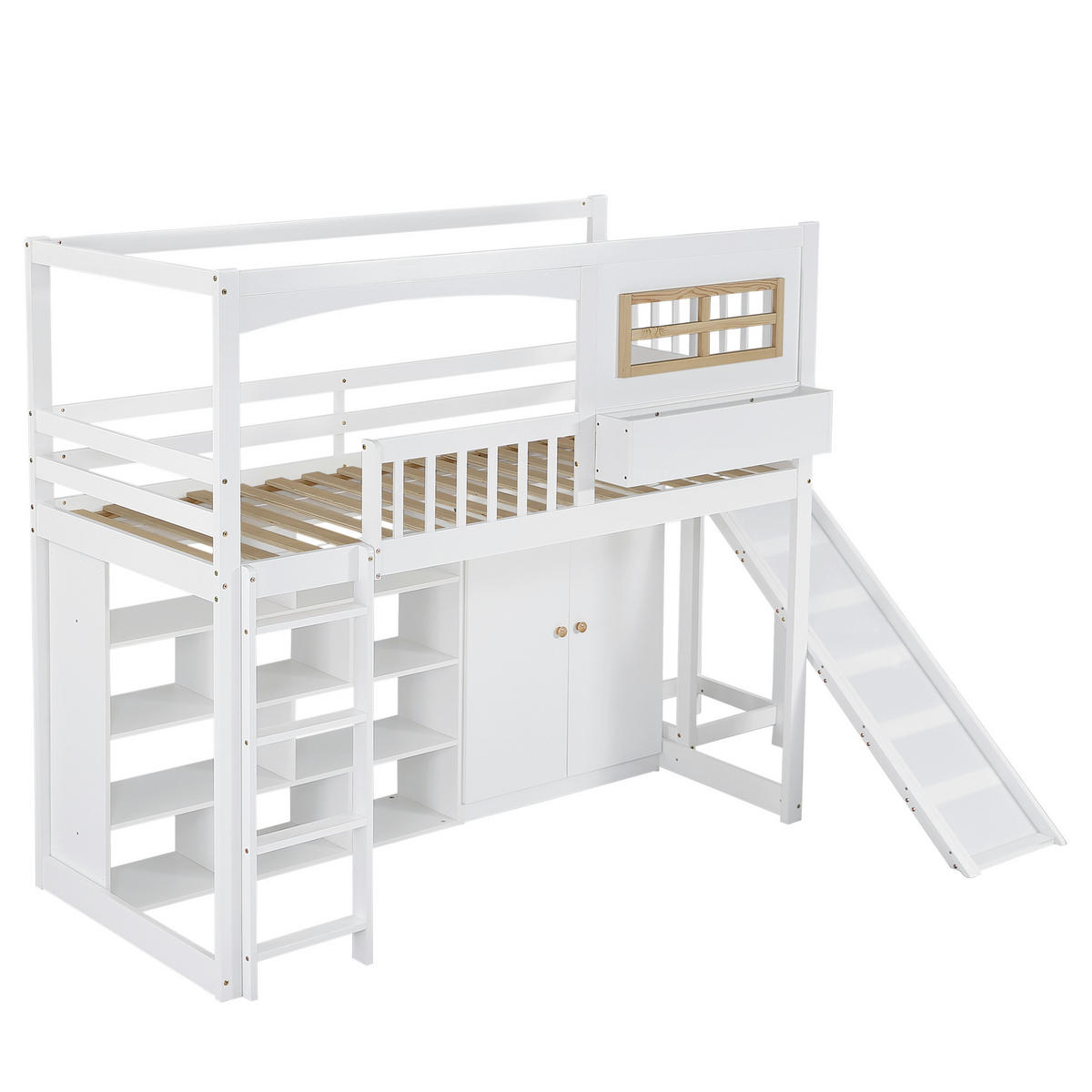 SPIELBETT 90/200 cm DE-02360, in Weiß, mit Rutsche, Kleiderschrank und Leiter - Weiß, Holz/Holzwerkstoff (90/200cm) - ComfortXL