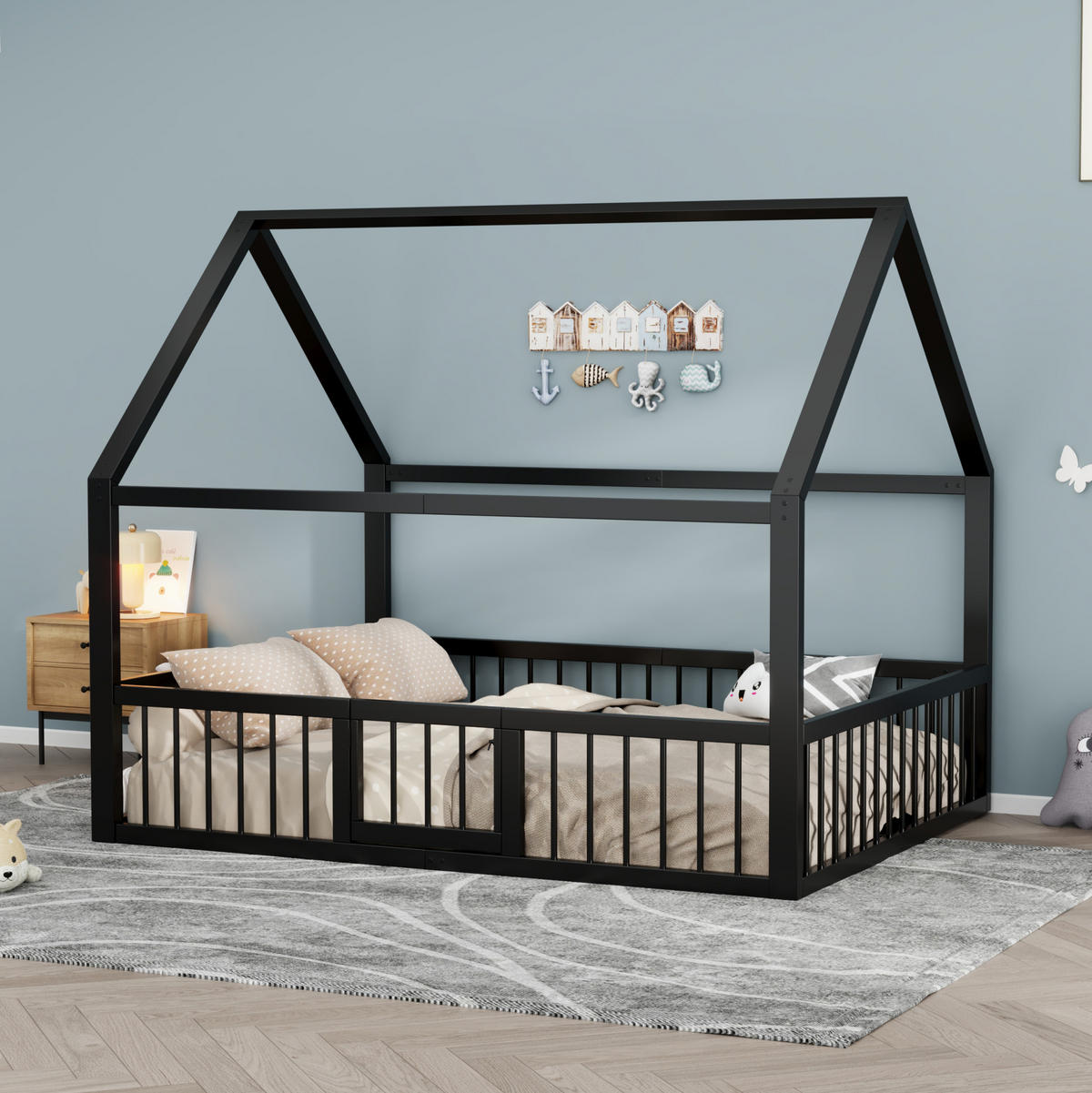 KINDERBETT 140/200 cm aus Metall mit Dachgestell, Sicherheitsgeländer und Tür, Schwarz - Schwarz, Metall (140/200cm) - Redom