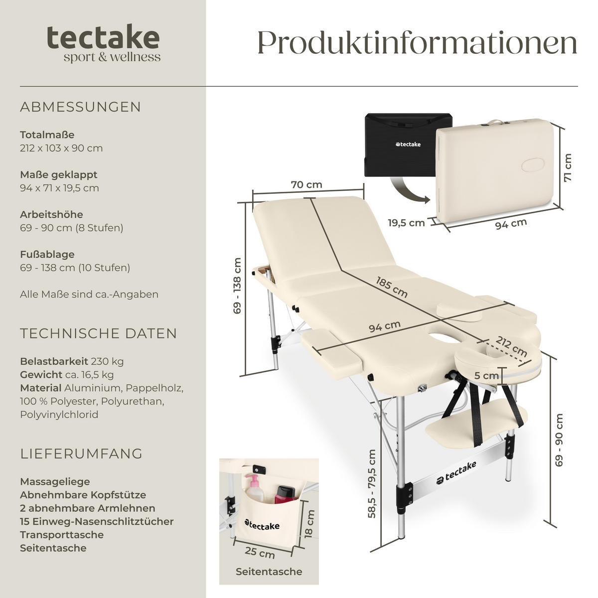MASSAGELIEGE 3 Zonen Phuket,212 x 103 x 90 cm,beige - Beige, Metall (103/90/212cm) - tectake