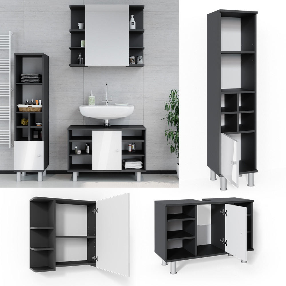 BADMÖBEL-SET Fynn Anthrazit 3 Teile, mit Midischrank Tür klein - Anthrazit/Weiß, Holzwerkstoff (60/54/32cm) - Vicco