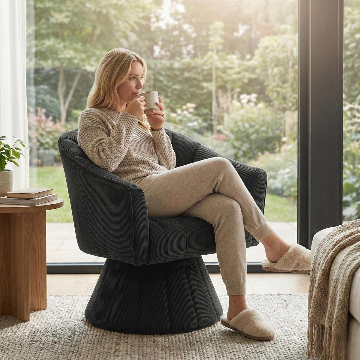 DREHSTUHL Drehsessel Loungesessel mit Polsterung,360°,Cord,Schwarz - Schwarz, Textil (70/72/66cm) - LVHOM