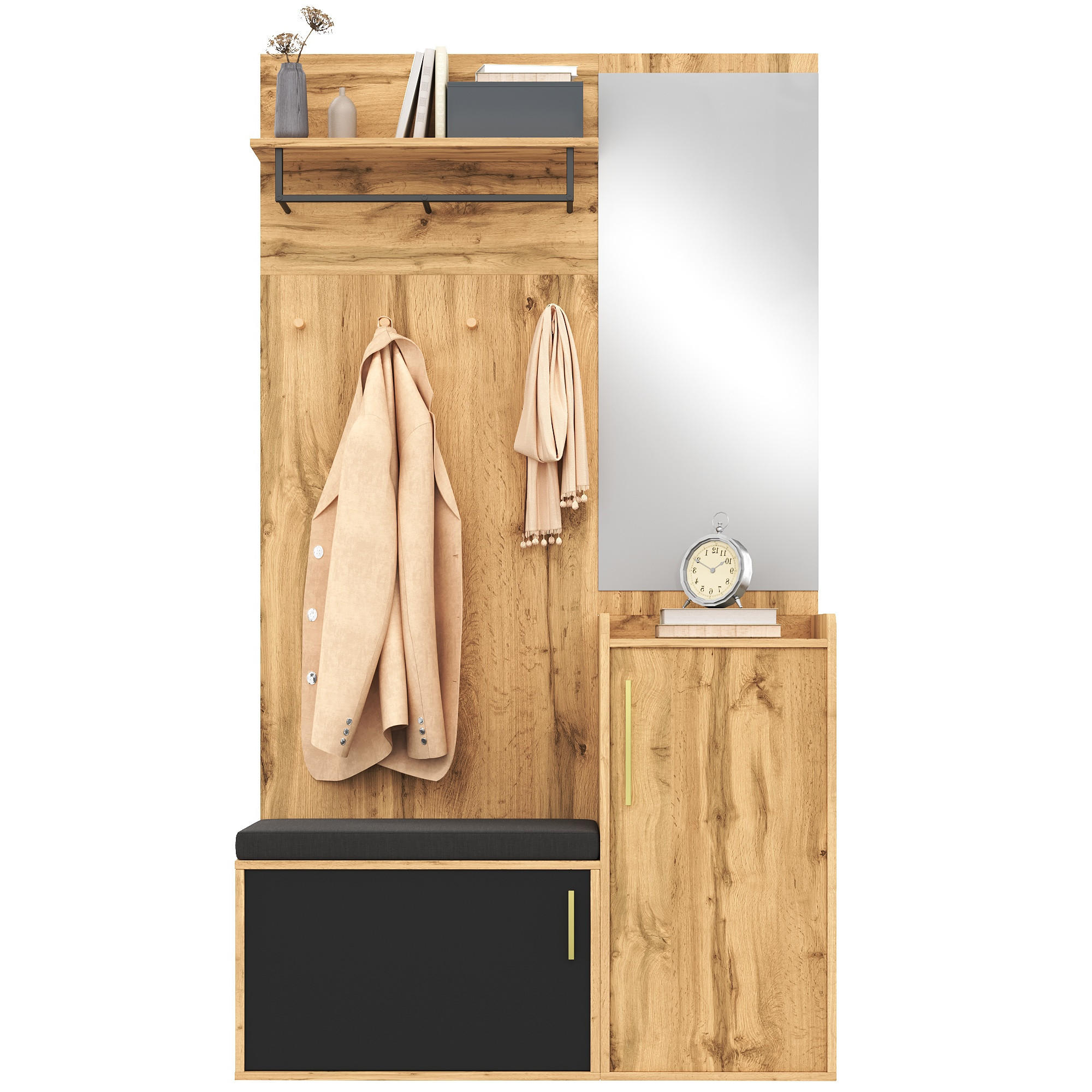 GARDEROBENSET Spiegel Sitzbank Schuhschrank - Naturfarben, Holzwerkstoff (100/185/38cm) - Fortuna Lai
