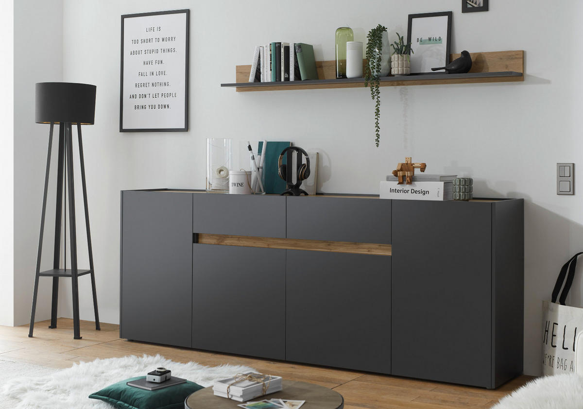 SIDEBOARD grau matt, Wotan Eiche, Kommode, 220 x 87 cm - Anthrazit/Eiche Wotan, Holz/Holzwerkstoff (223/86/40cm) - Furn.Design