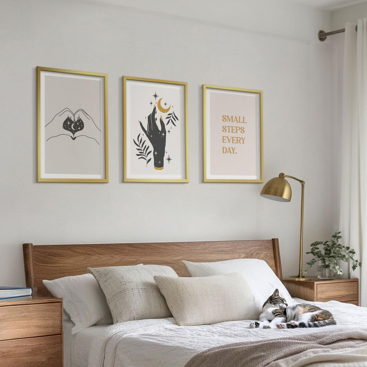 BILDER SET 3er Set - 40x60 cm Goldrahmen - Minimalistische Boho-Illustrationen - Goldfarben, Kunststoff (40/60cm) - TULUP