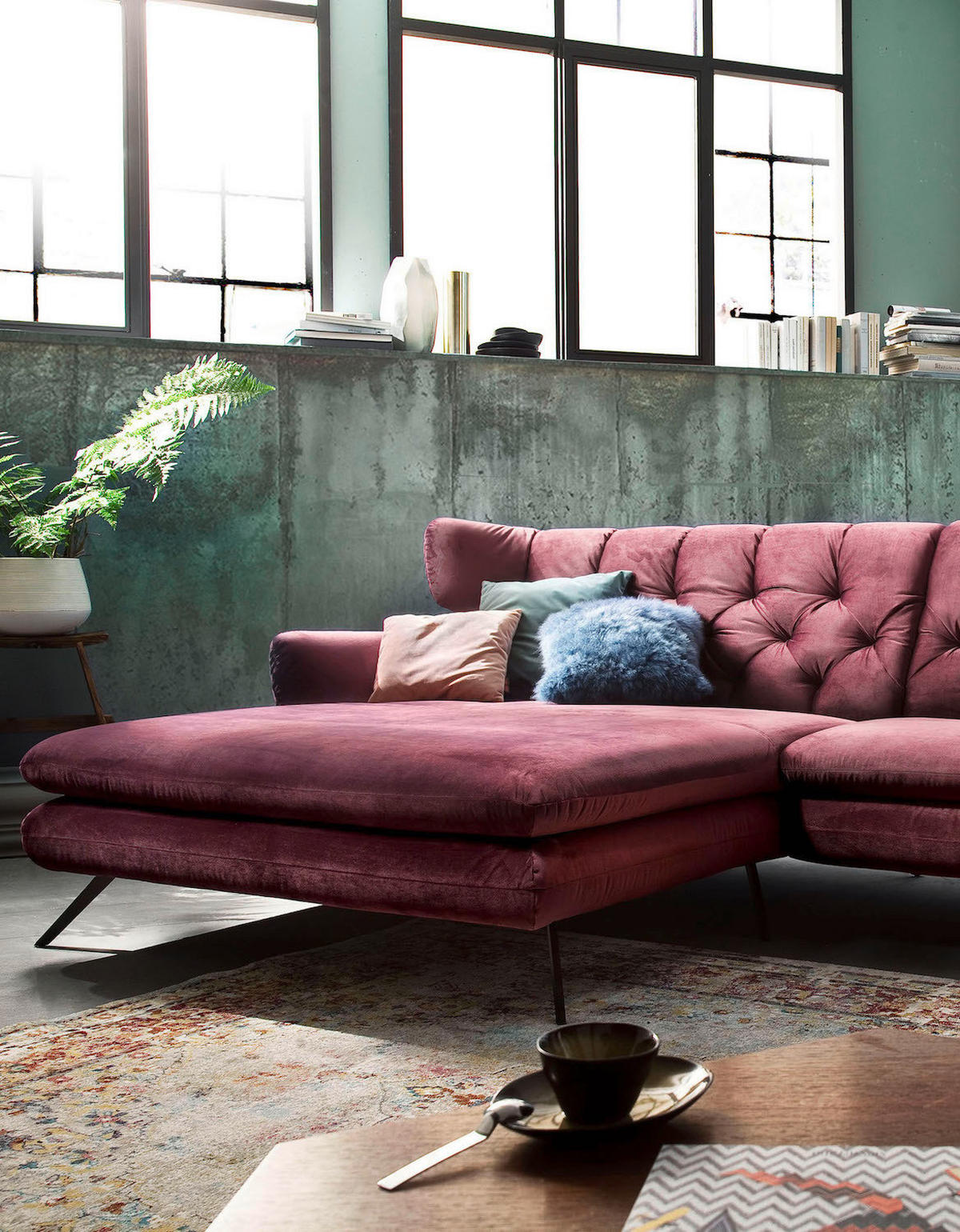 ECKSOFA CHARME Pink Velvet - Pink/Schwarz, Textil (300/175cm) - KAWOLA