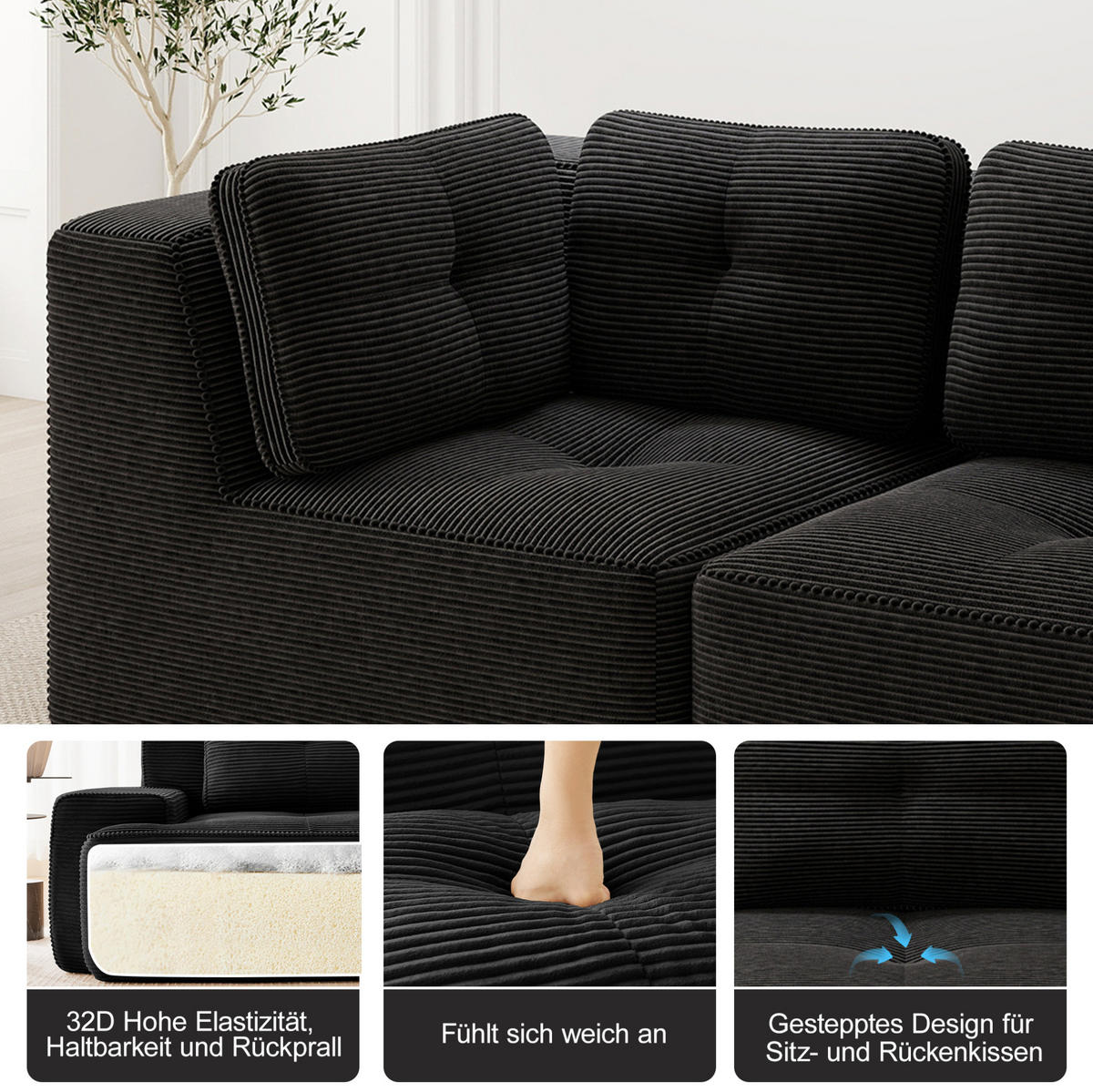 ECKSOFA 386/177/69 cm schwarz aus Cord modular ohne Aufbau - Schwarz, Textil (177/386cm) - OKWISH