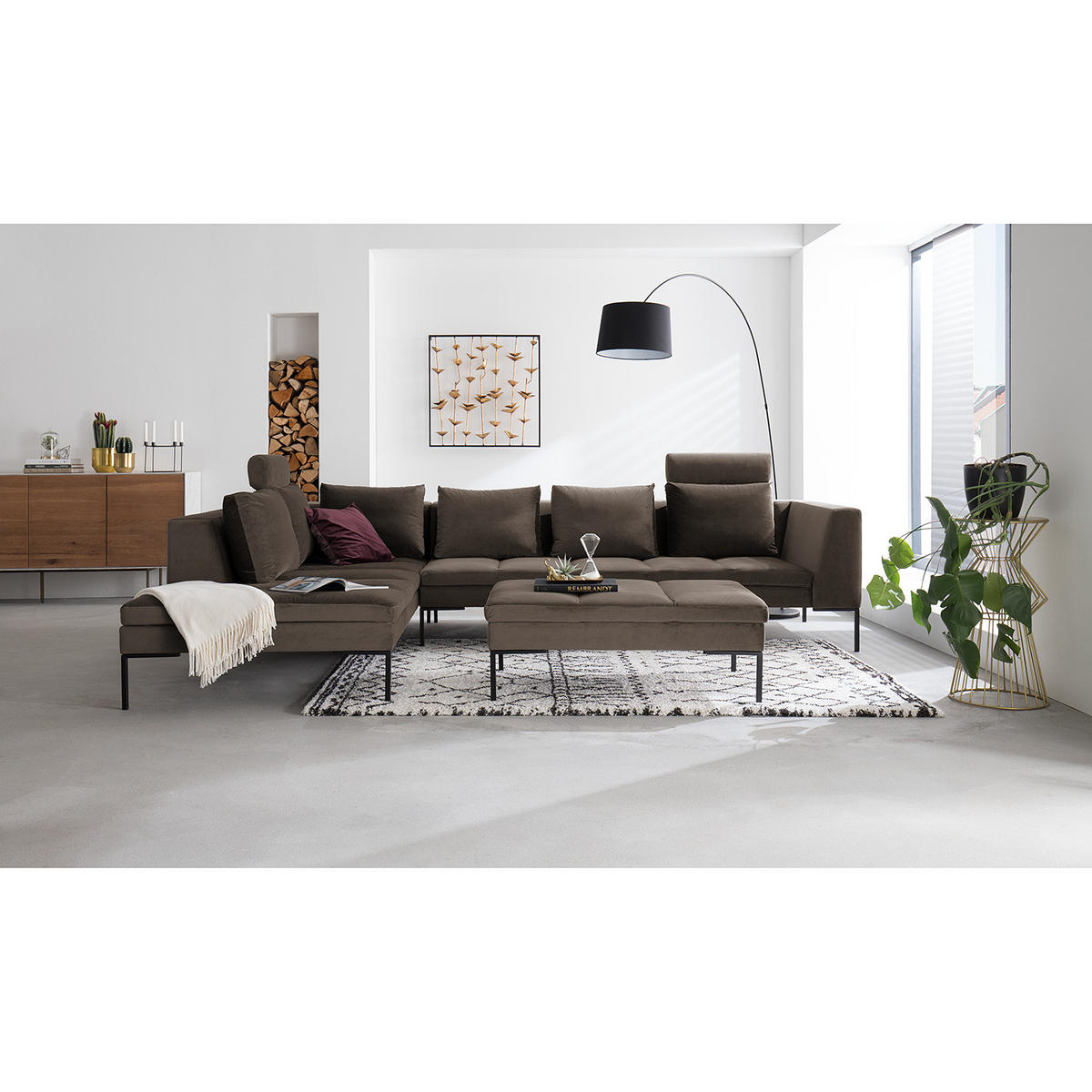 ECKSOFA mit Ottomane - Taupe/Schwarz, Textil/Metall (319/230cm) - home24