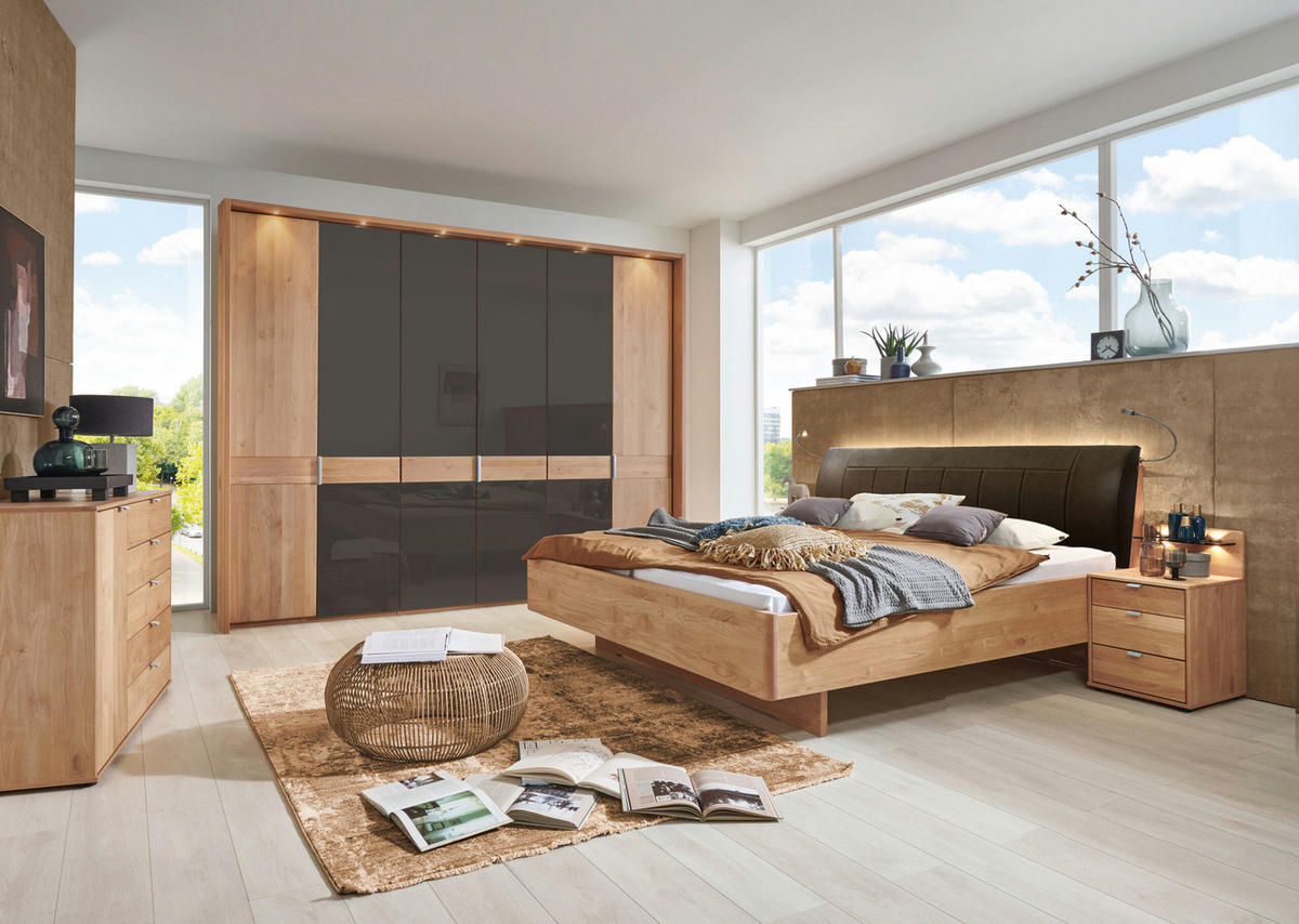 SCHLAFZIMMER Arden mit teilmassiver Erle und Mocca-Glas 4-teilig mit Drehtürenschrank, Doppelbett 180x200cm, zwei Nachttische - Braun, Holzwerkstoff (80/200/120cm)