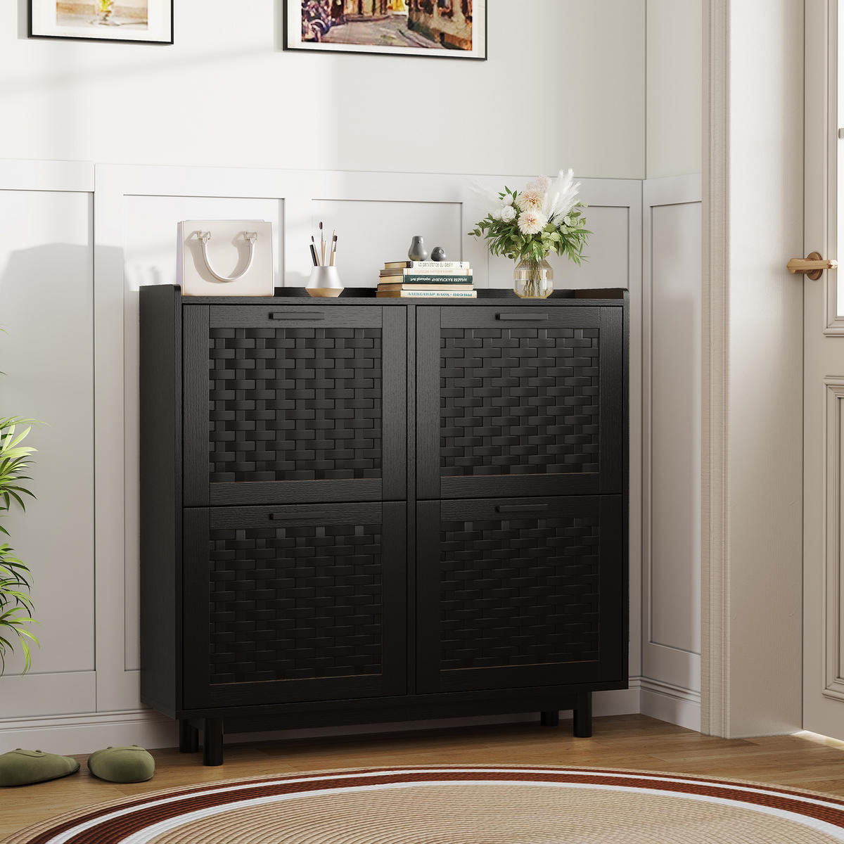 SCHUHSCHRANK 100cm schwarz mit 4 Klappfächern & Rattan-Imitation - Schwarz, Holz (24/95/100cm) - SHOPENTRA