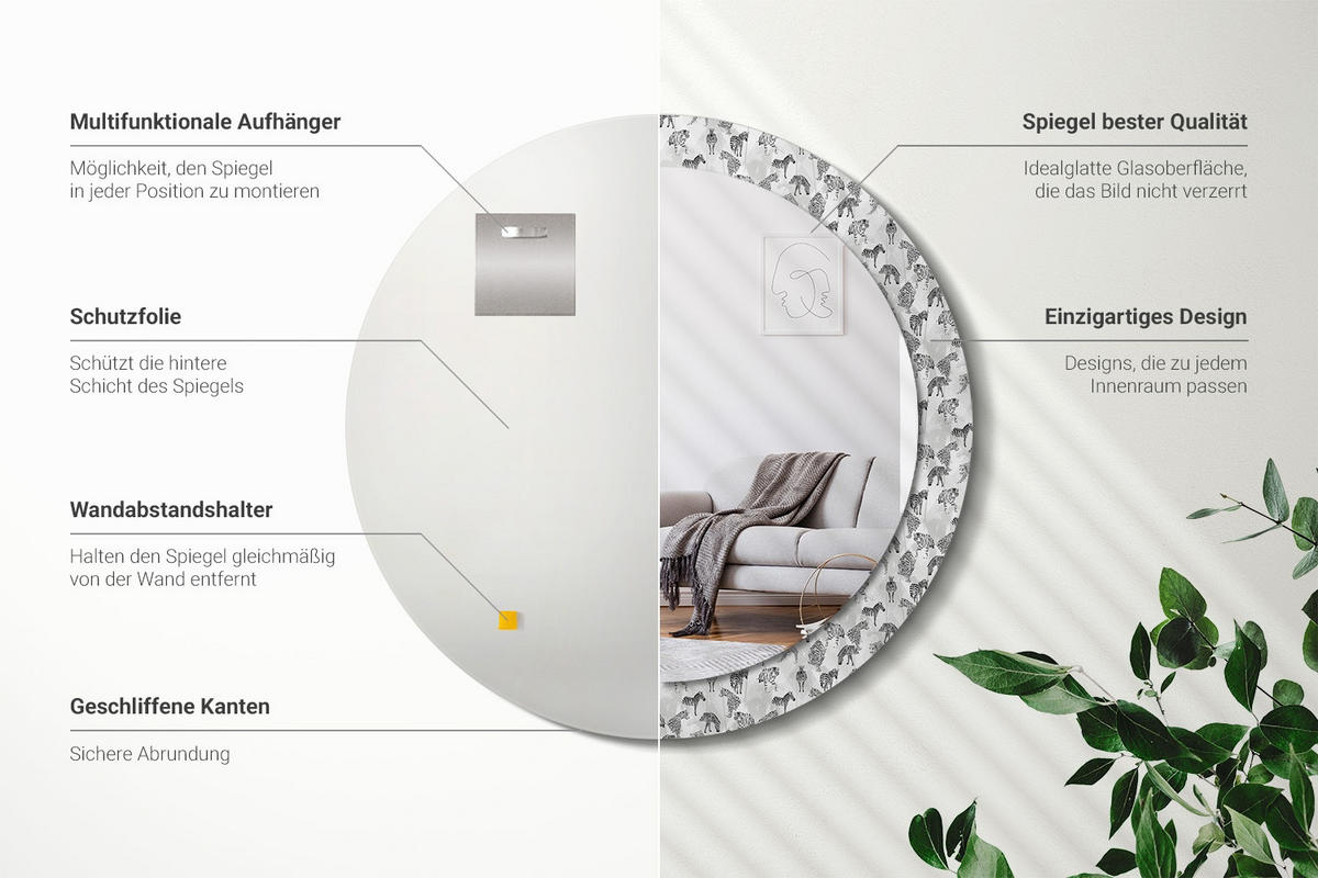 SPIEGEL Rund Ø 80 cm mit Aufdruck - Schwarz, Glas (80/80/0.4cm) - Wallfluent